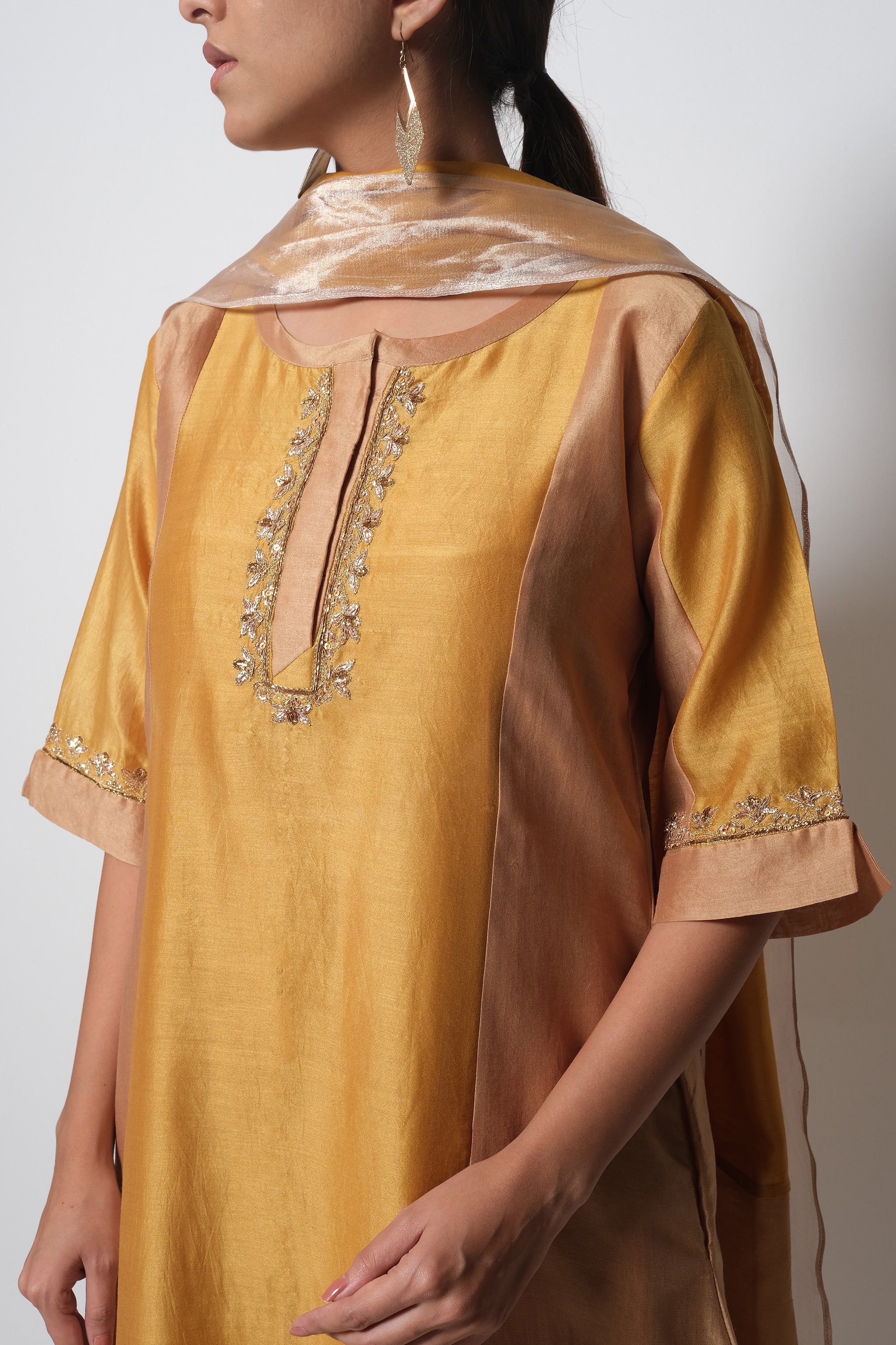 Beige Mustard Chanderi Silk - Panelled Straight Kurta Set