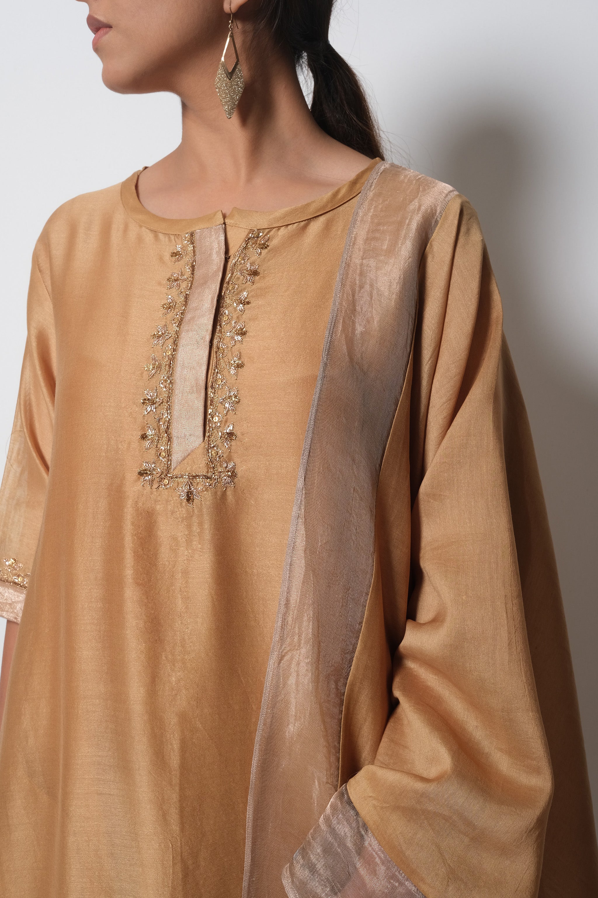 Beige Chanderi Silk - A-line Kurta Set