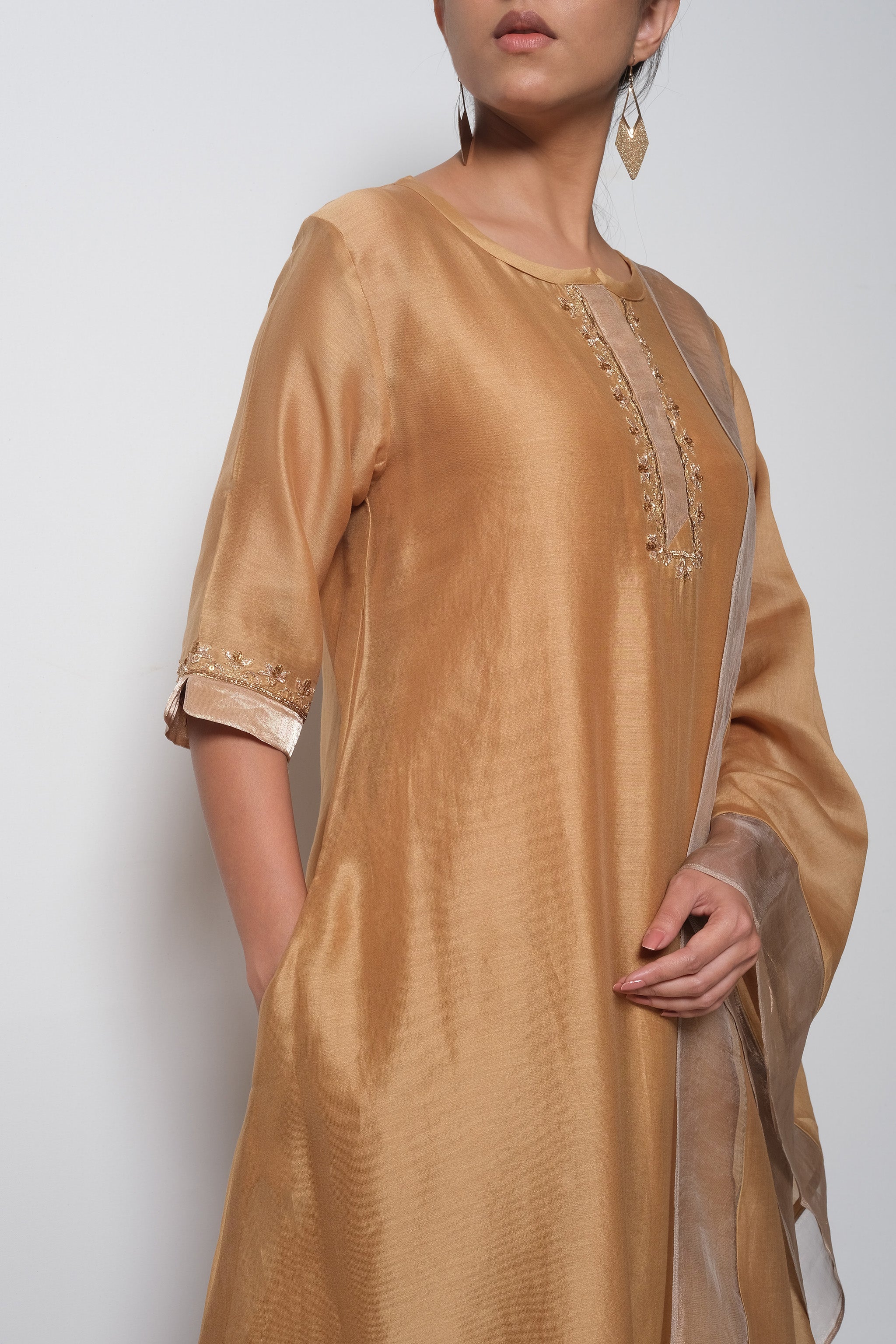 Beige Chanderi Silk - A-line Kurta Set