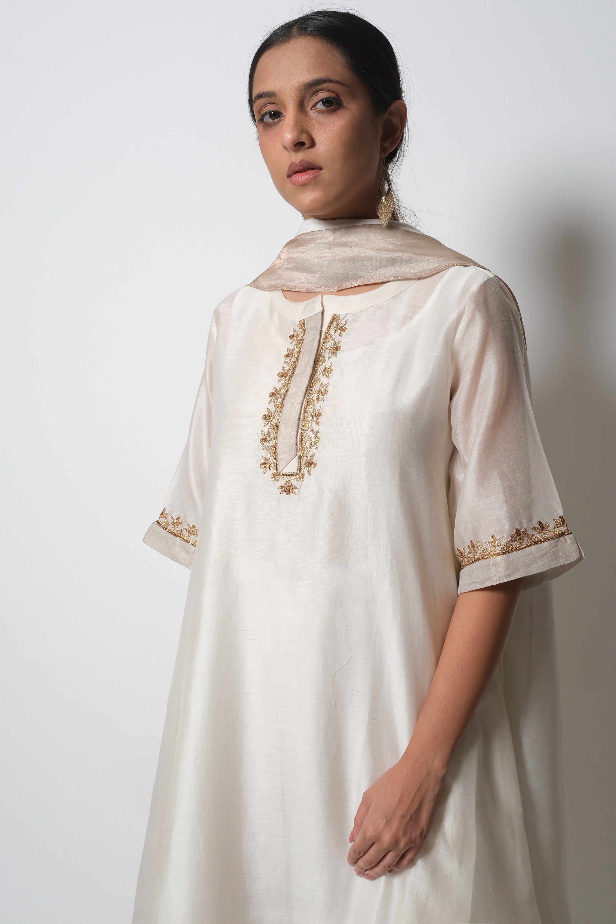 Off White Chanderi Silk - A-line Kurta Set
