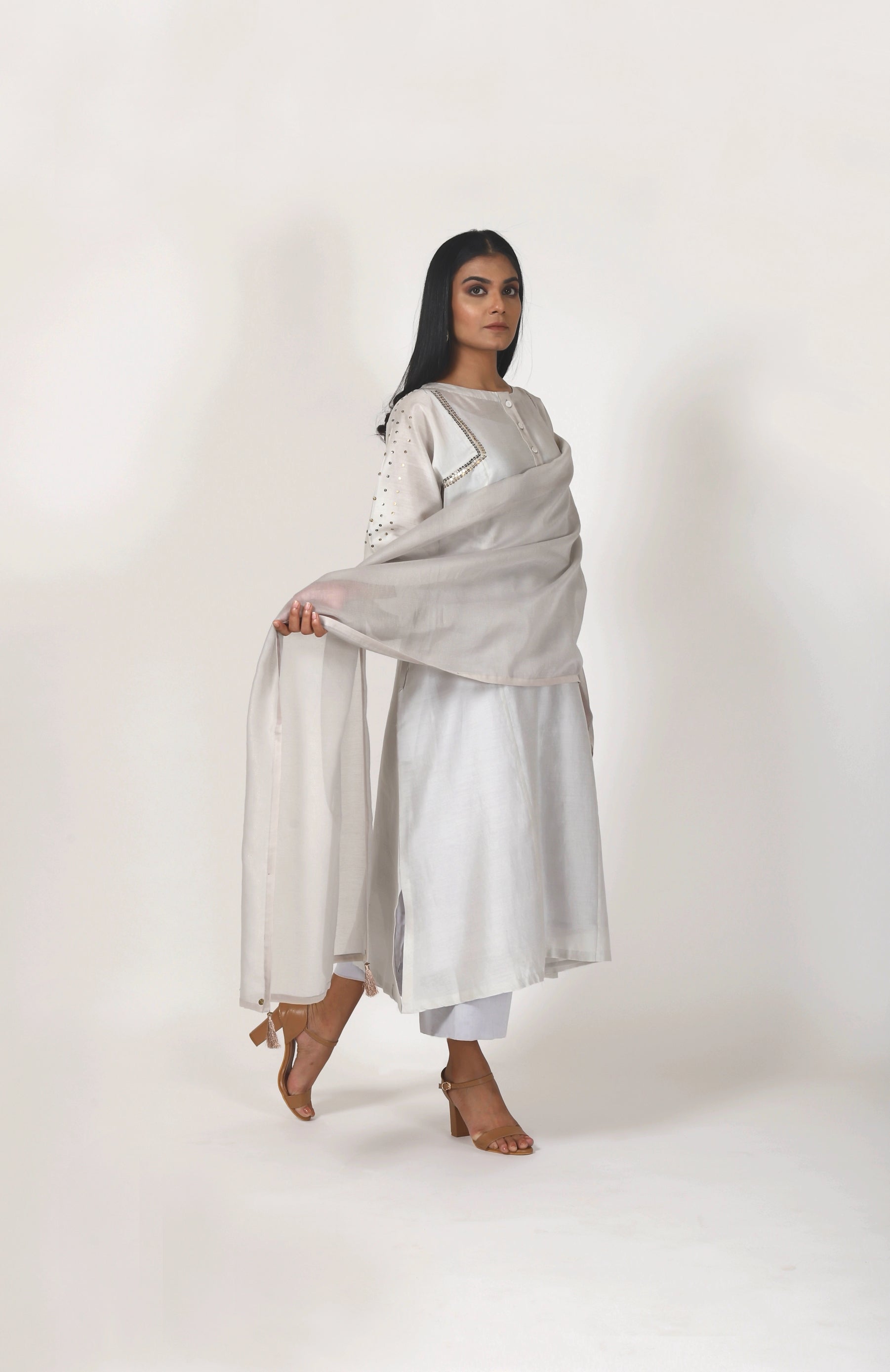 Pearl Grey Tvaksati Panelled Kurta Set