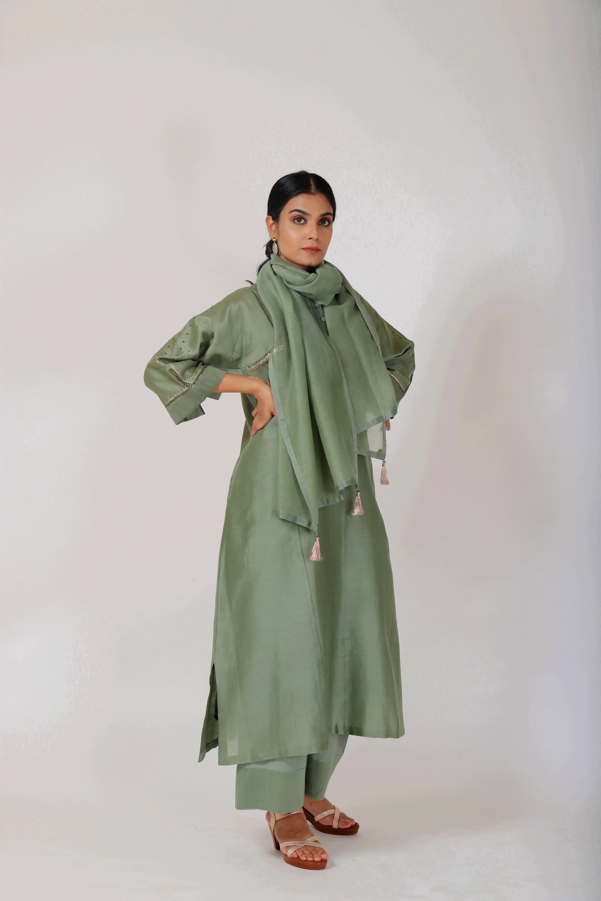 Fern Green Tvaksati Panelled Kurta Set