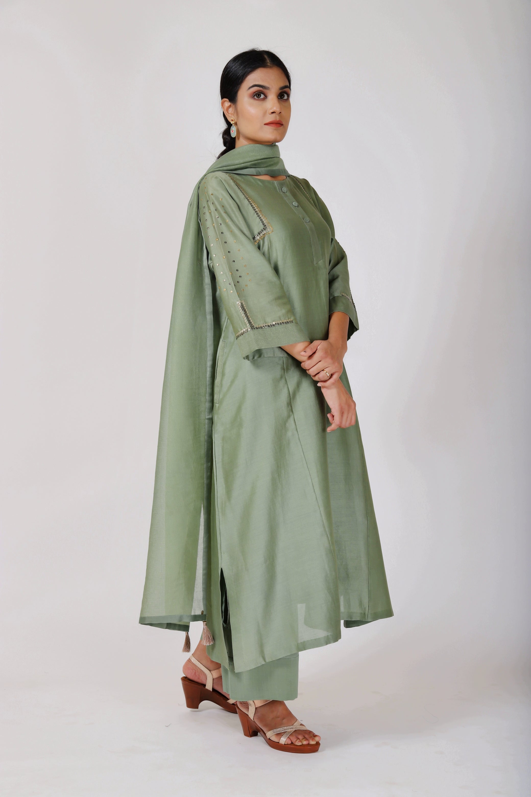 Premium Women's Festive Collection, Hand Embroidered Chanderi Kurta Set