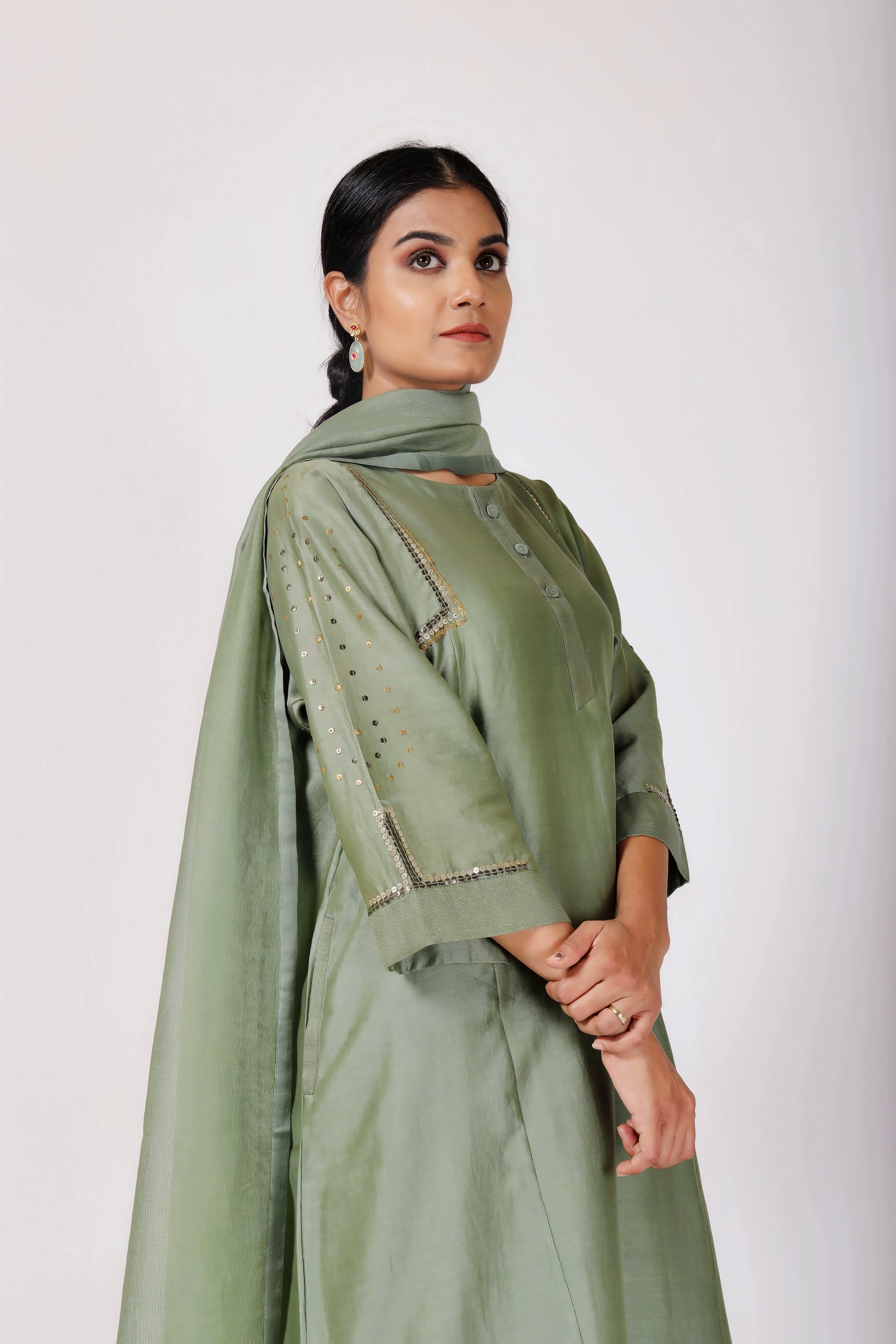 Fern Green Tvaksati Panelled Kurta Set