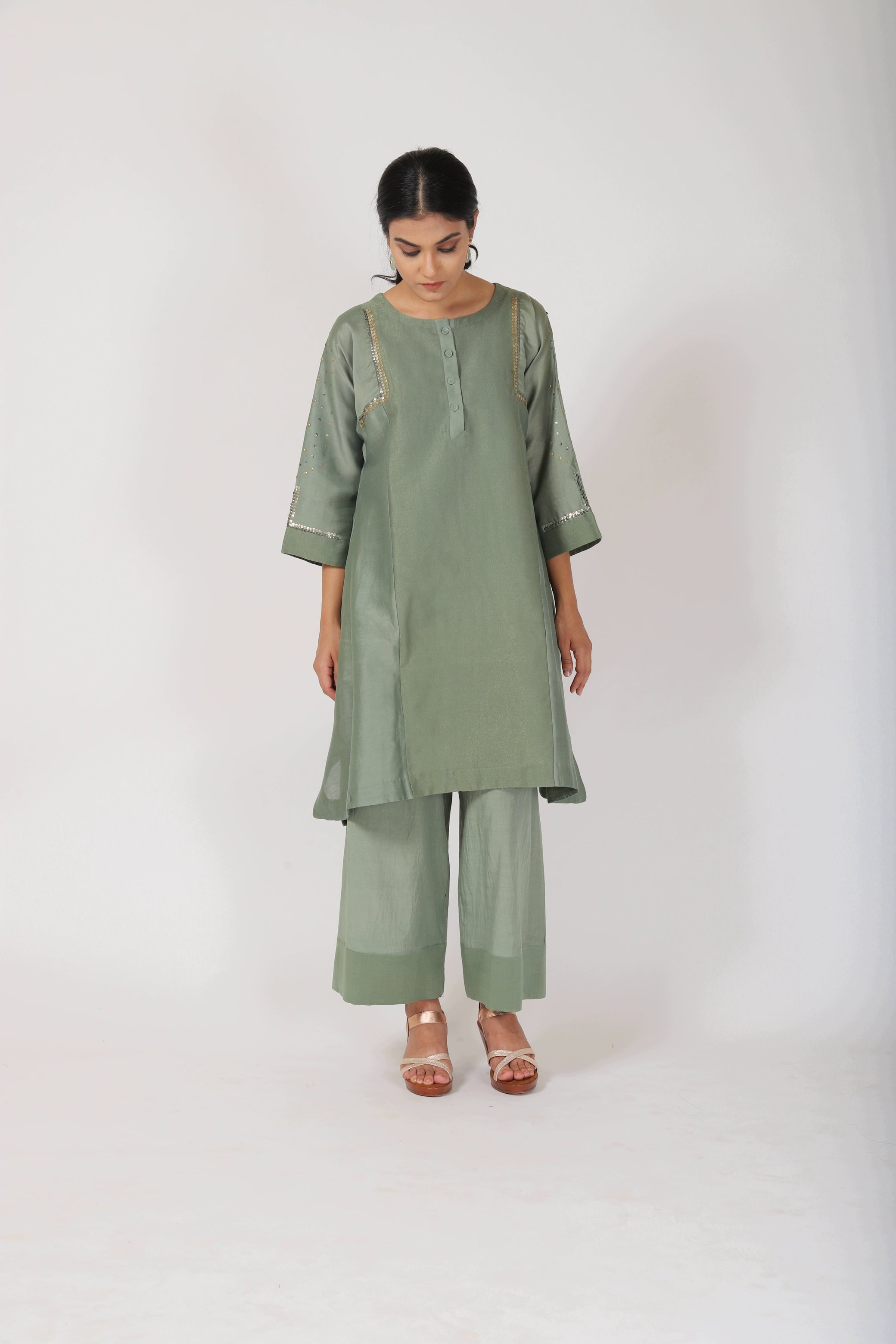 Fern Green Tvaksati Panelled Tunic Set