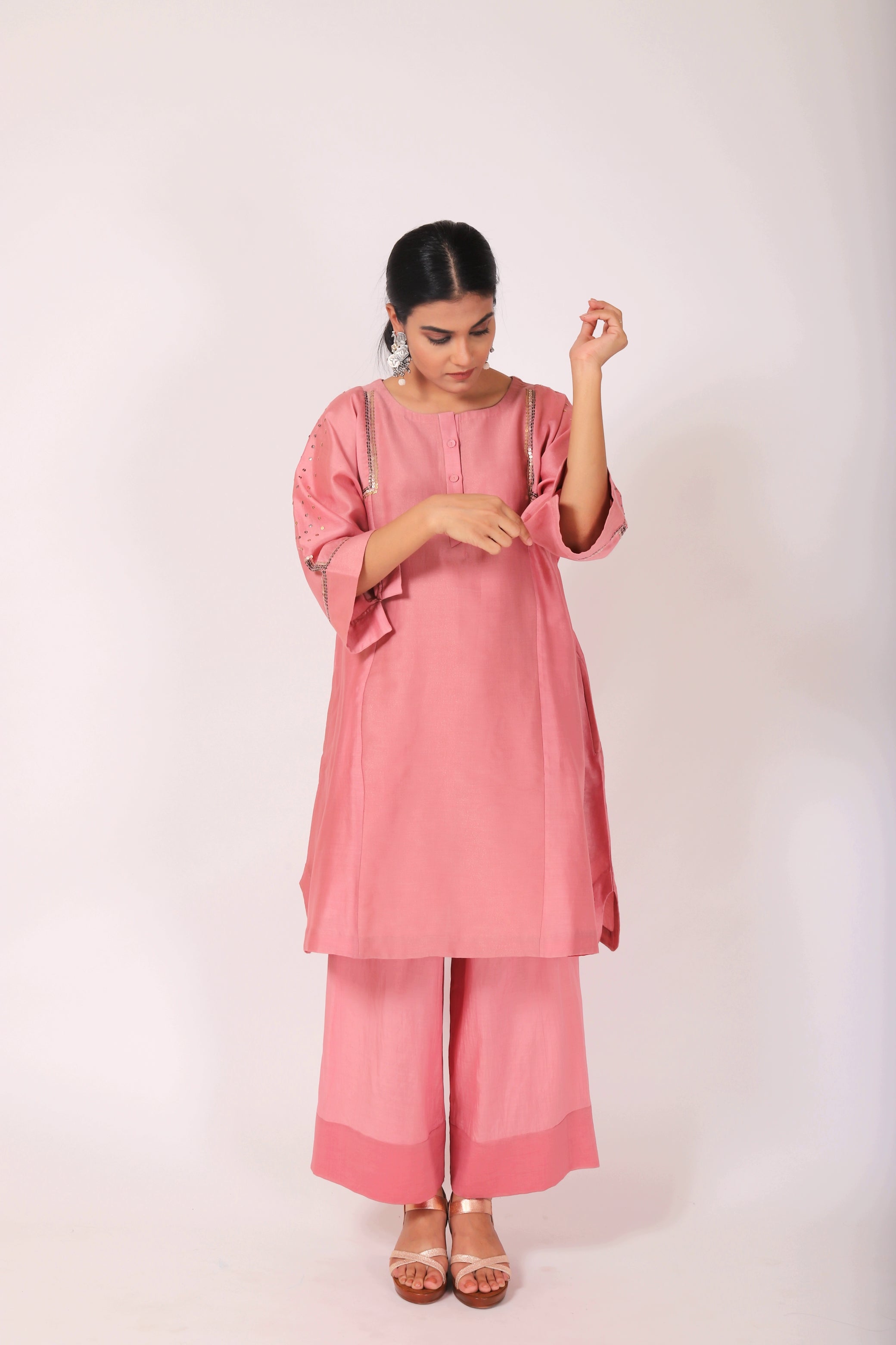 Sunset Pink Tvaksati Panelled Tunic Set