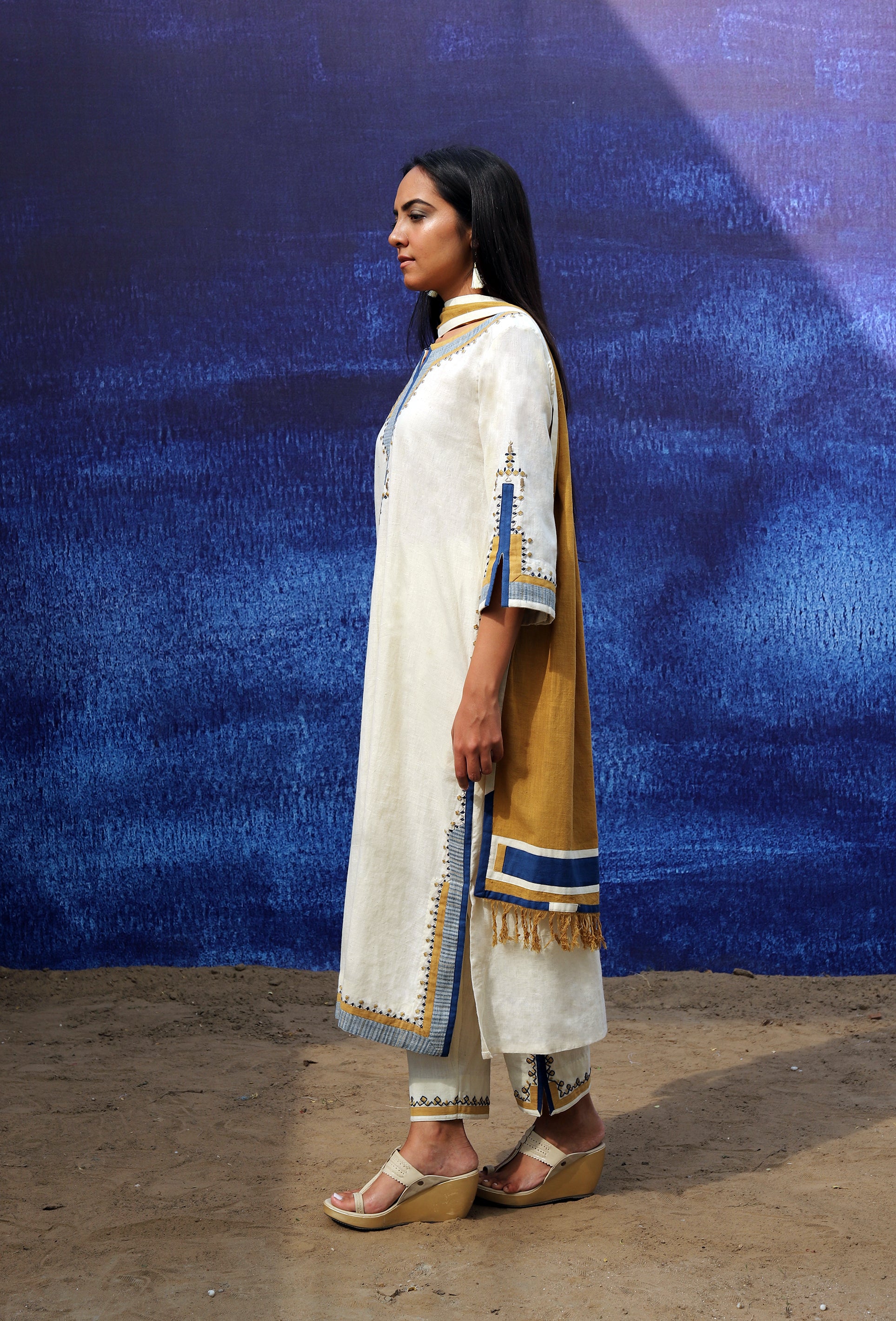 Long Kurta Set - Back Opening - Off White