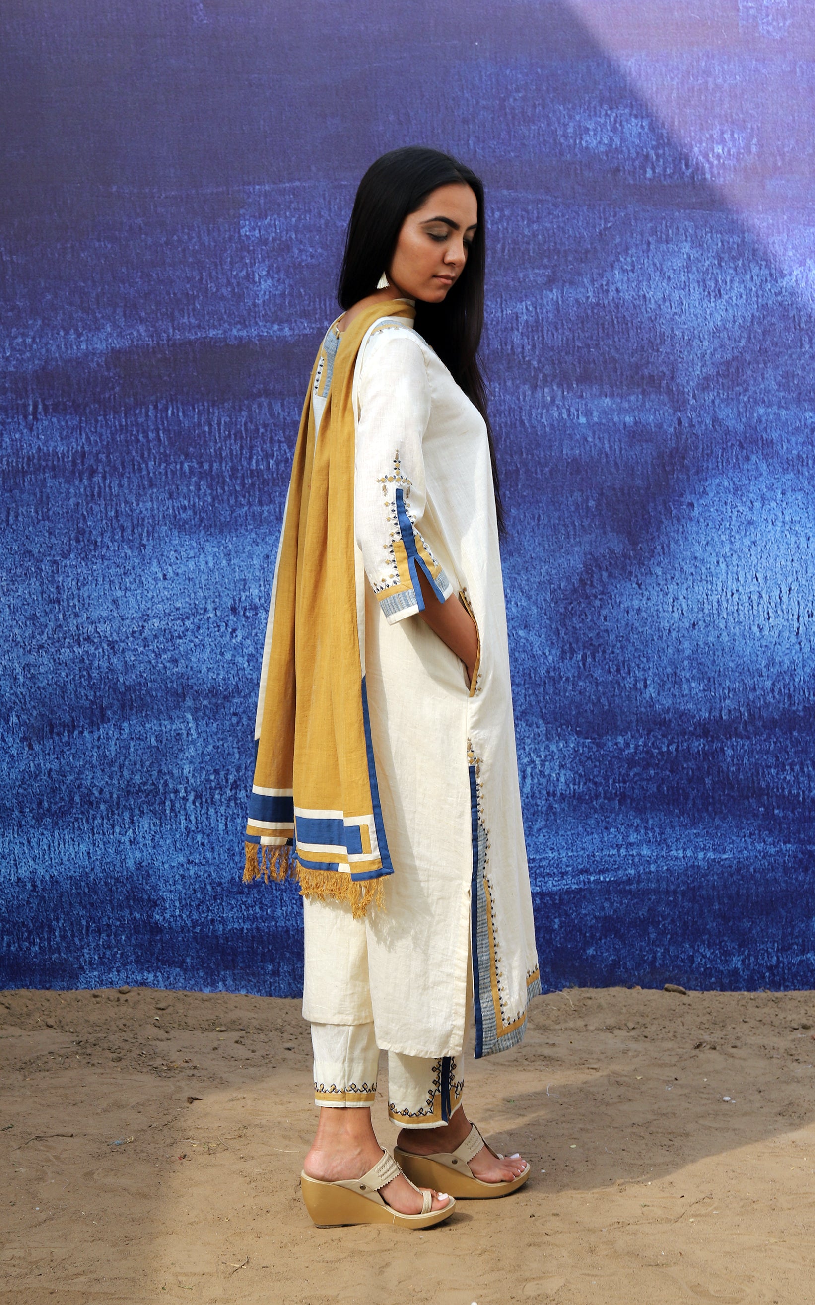Long Kurta Set - Back Opening - Off White