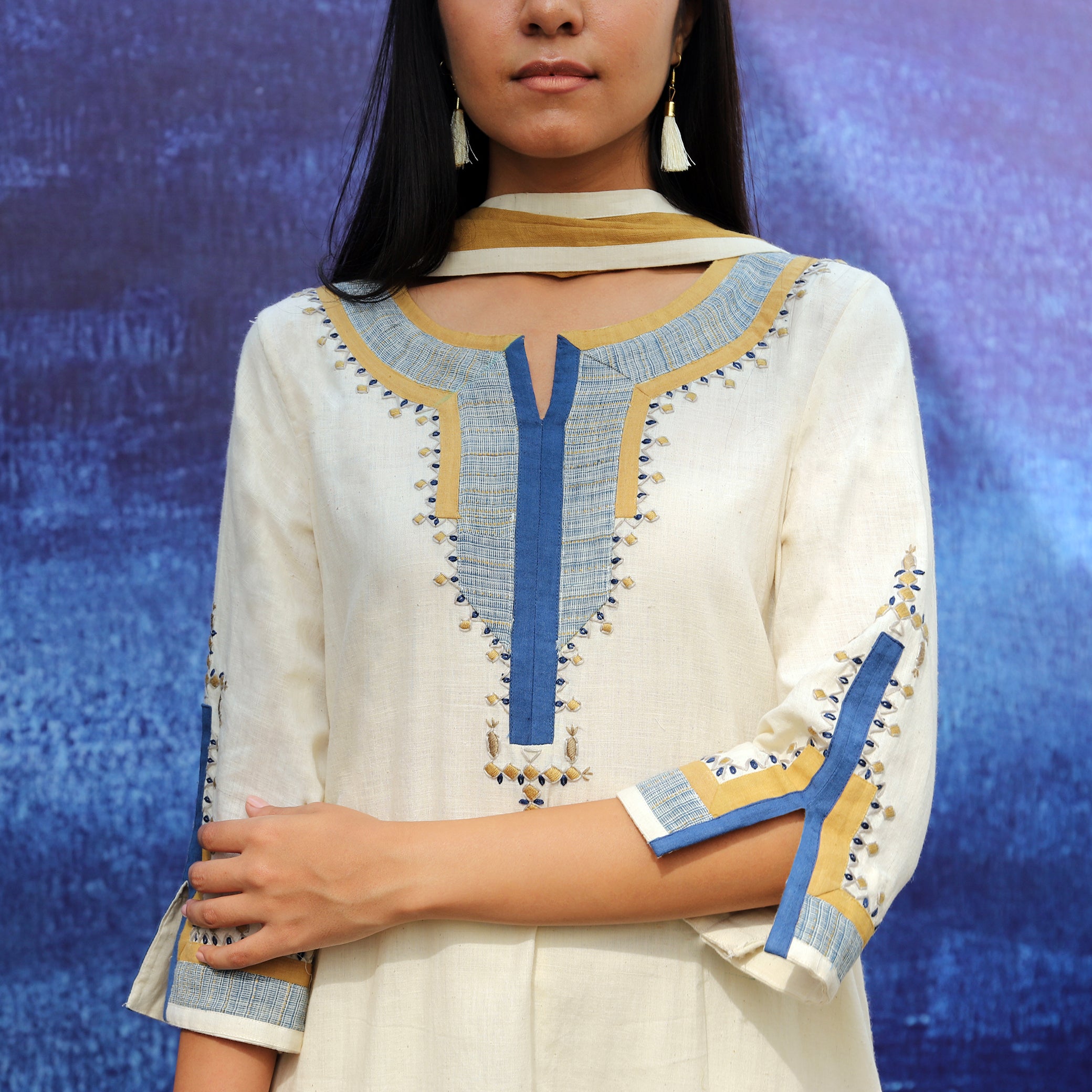 Long Kurta Set - Back Opening - Off White
