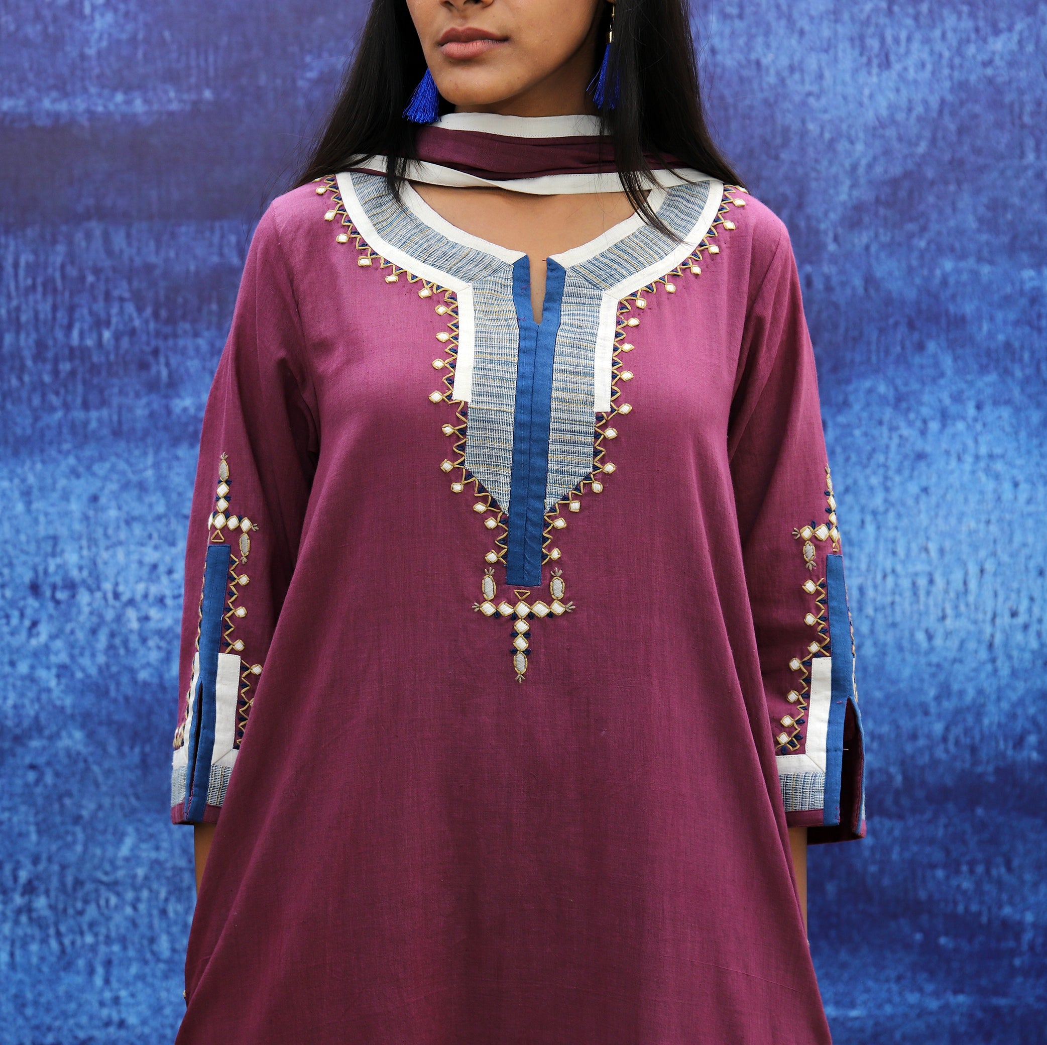 Long Kurta Set - Back Opening - Wine