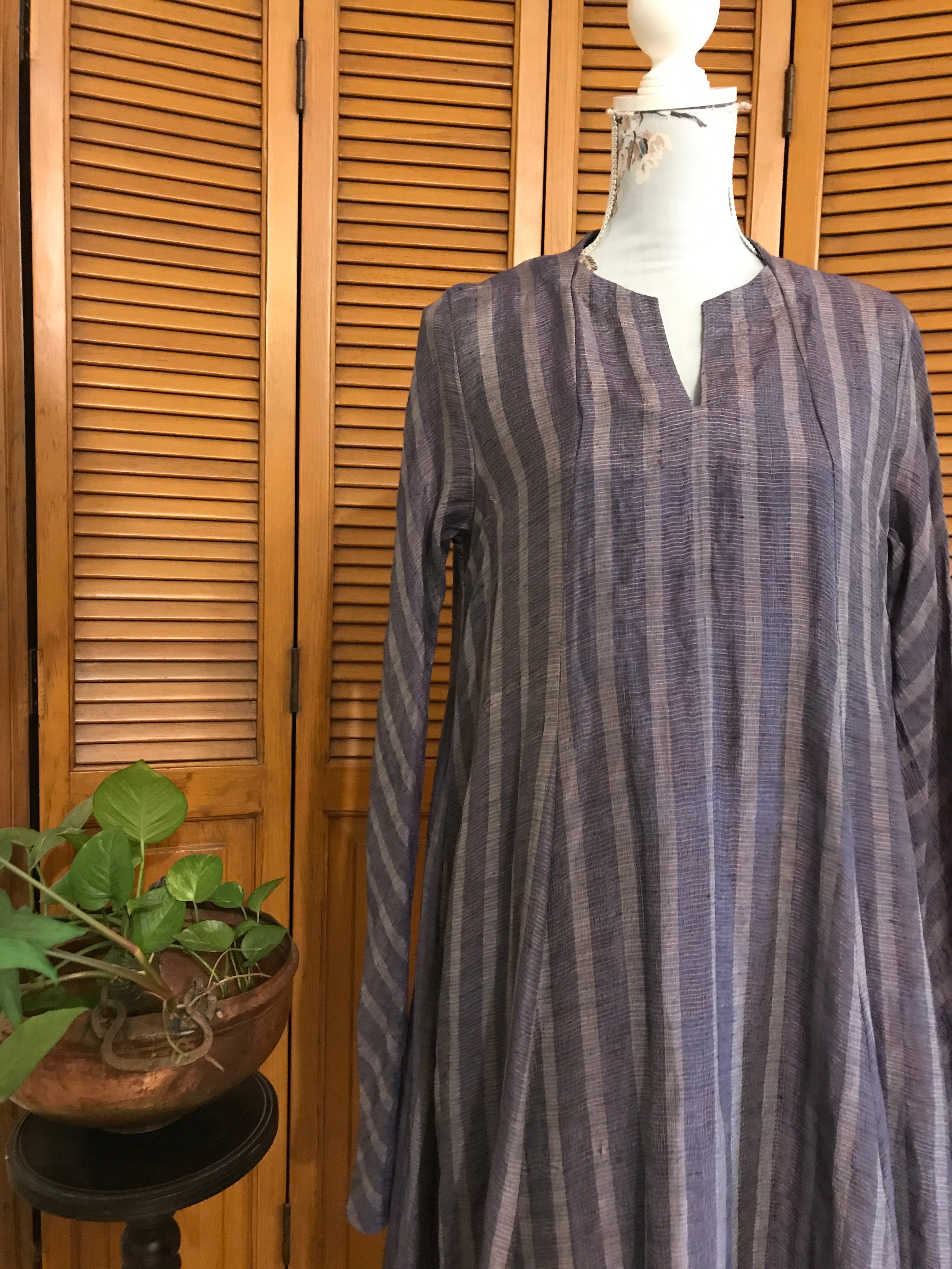 Indigo Blue Churidaar Sleeve Kalidaar Dress - Linen Silk Zari Fabric