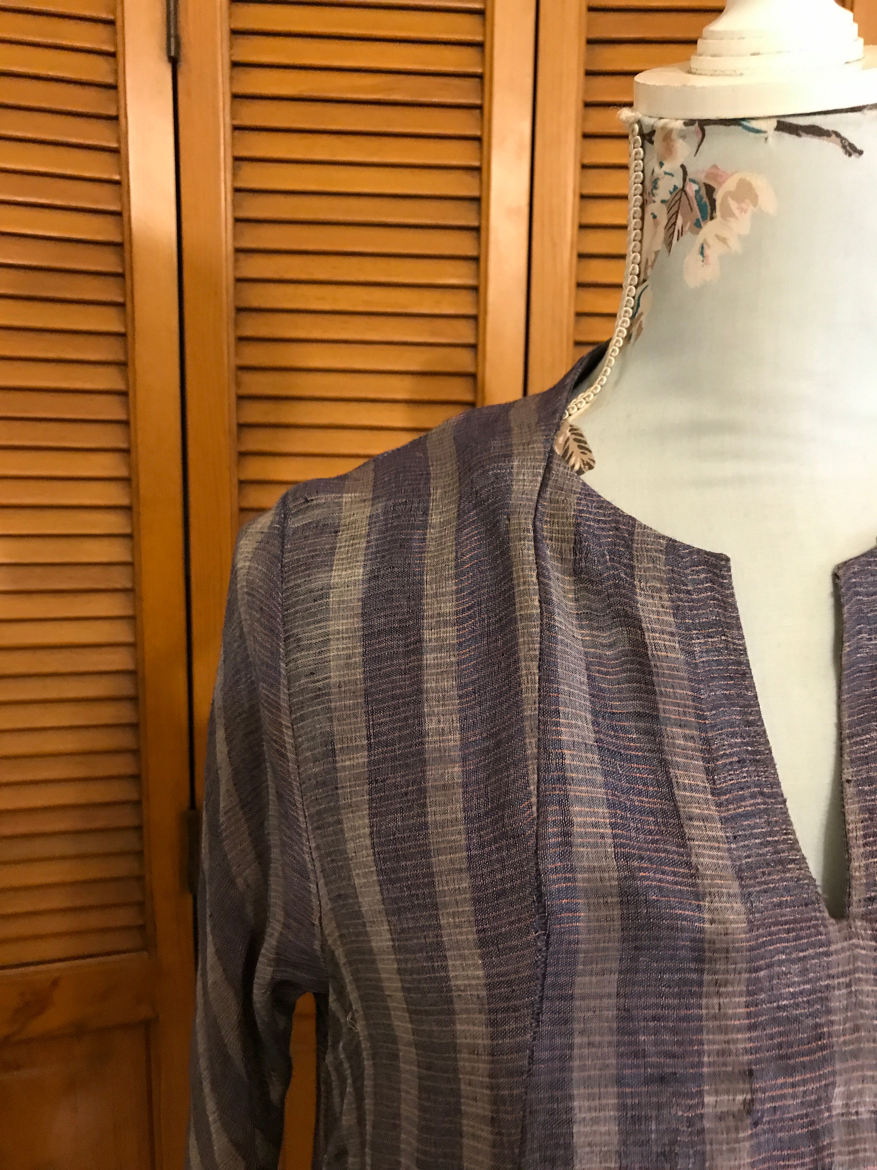 Indigo Blue Churidaar Sleeve Kalidaar Dress - Linen Silk Zari Fabric