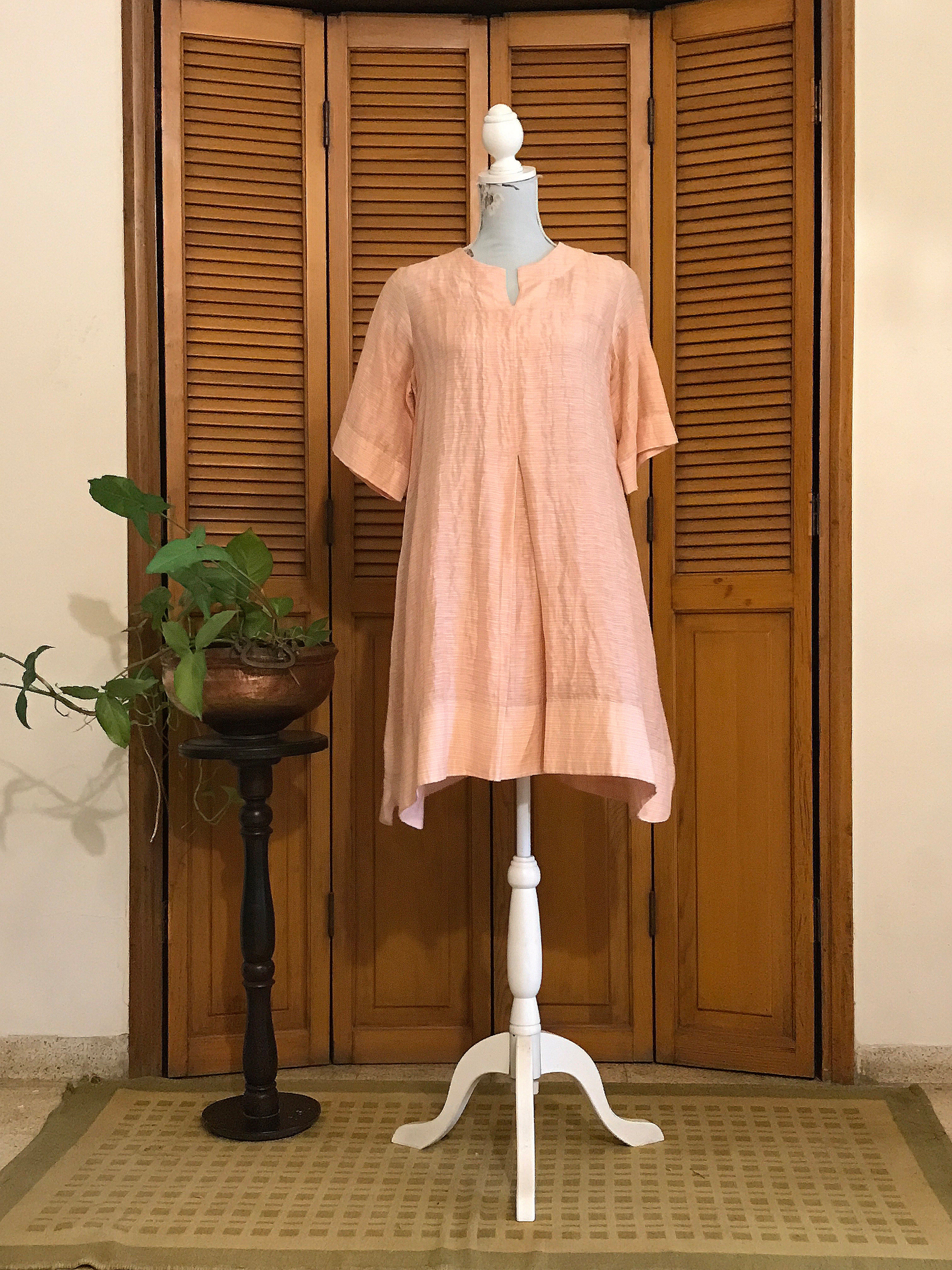 Rose Quartz Pink Inverted Box Pleated Short Dress - Linen Silk Zari Fabric