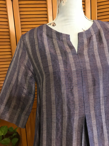 Indigo Blue Inverted Box Pleated Short Dress - Linen Silk Zari Fabric