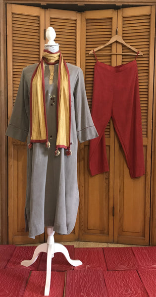Embroidered Handwoven Cotton Grey Kurta and Pants set - with stole