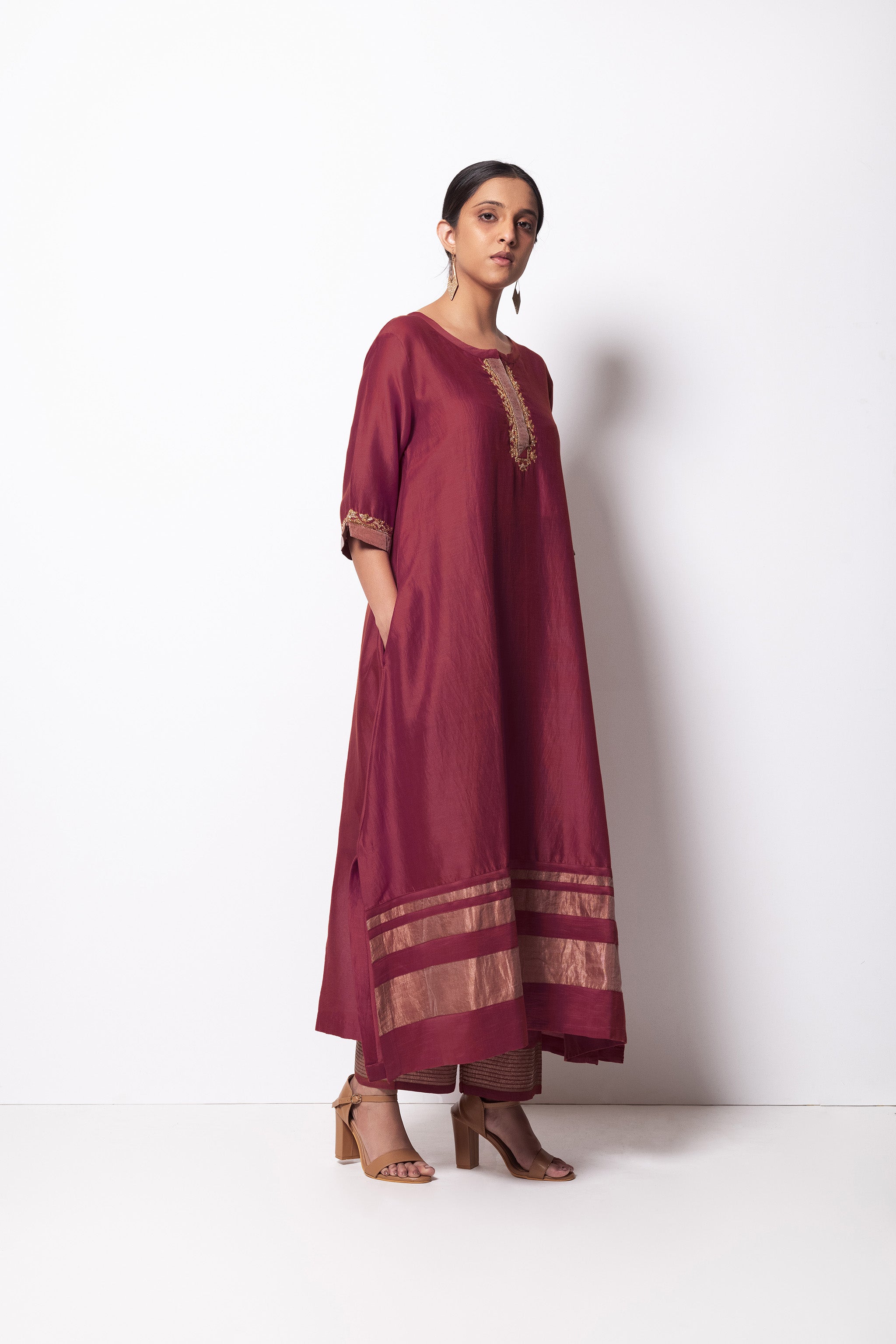 Mauve Chanderi Silk - A-line Kurta Set
