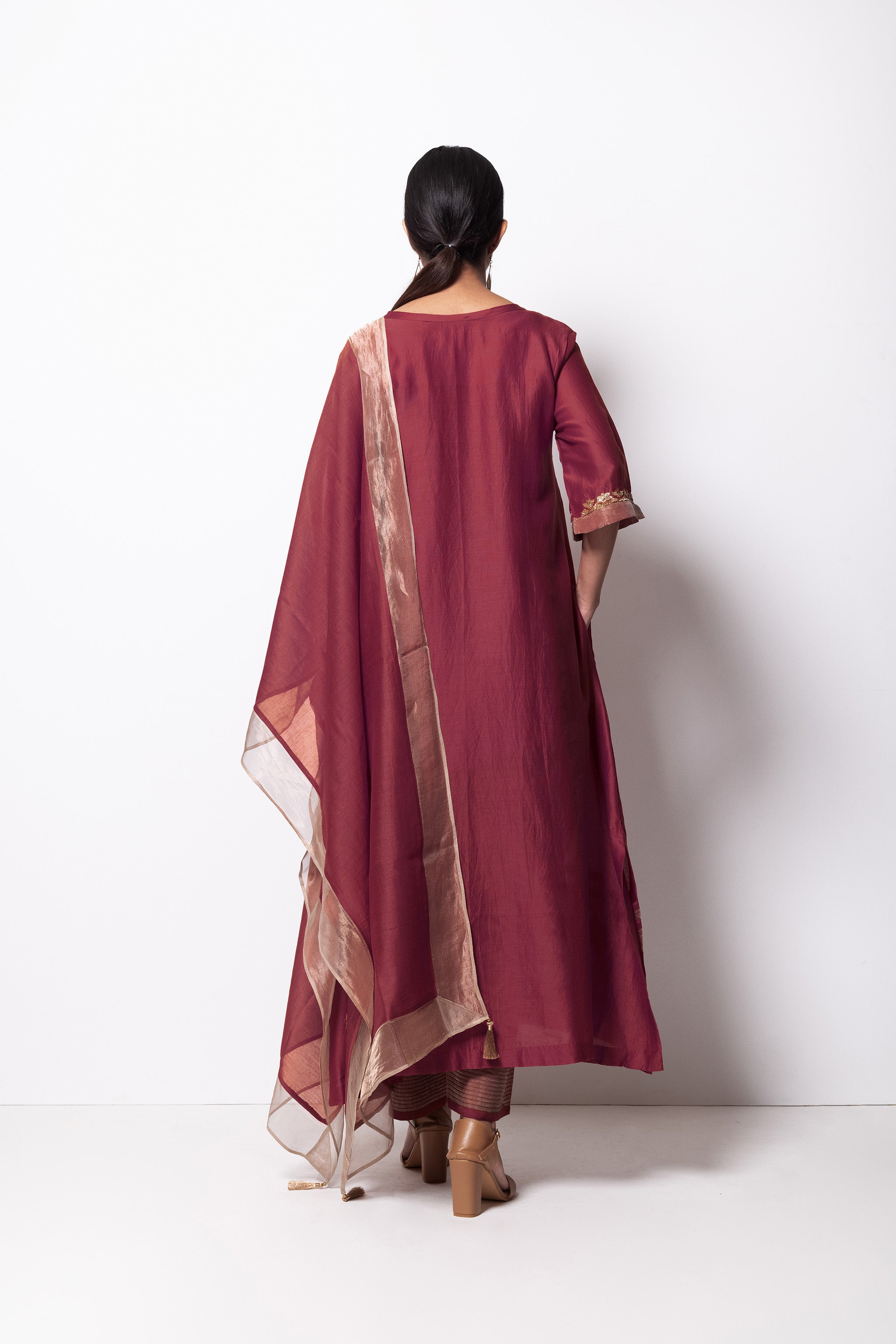 Mauve Chanderi Silk - A-line Kurta Set