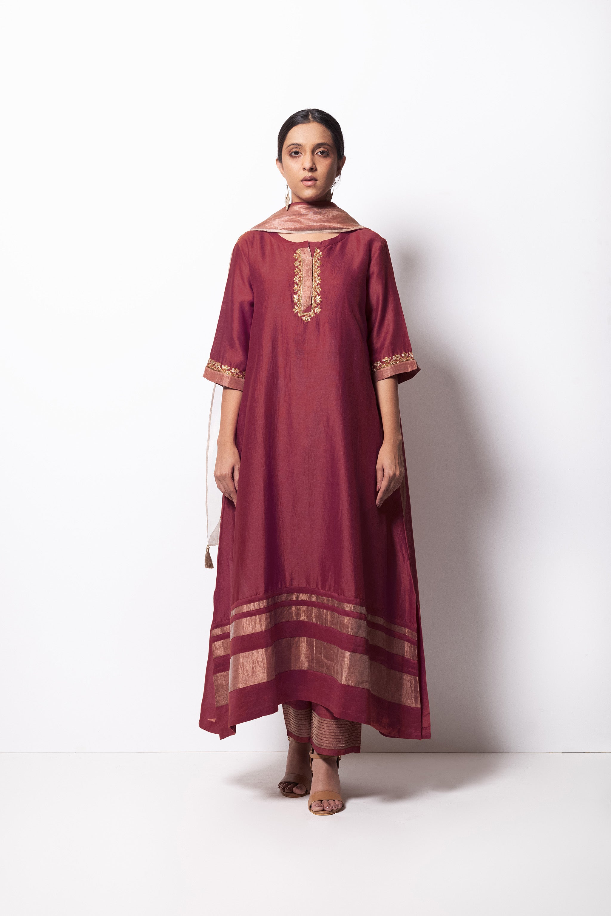 Mauve Chanderi Silk - A-line Kurta Set