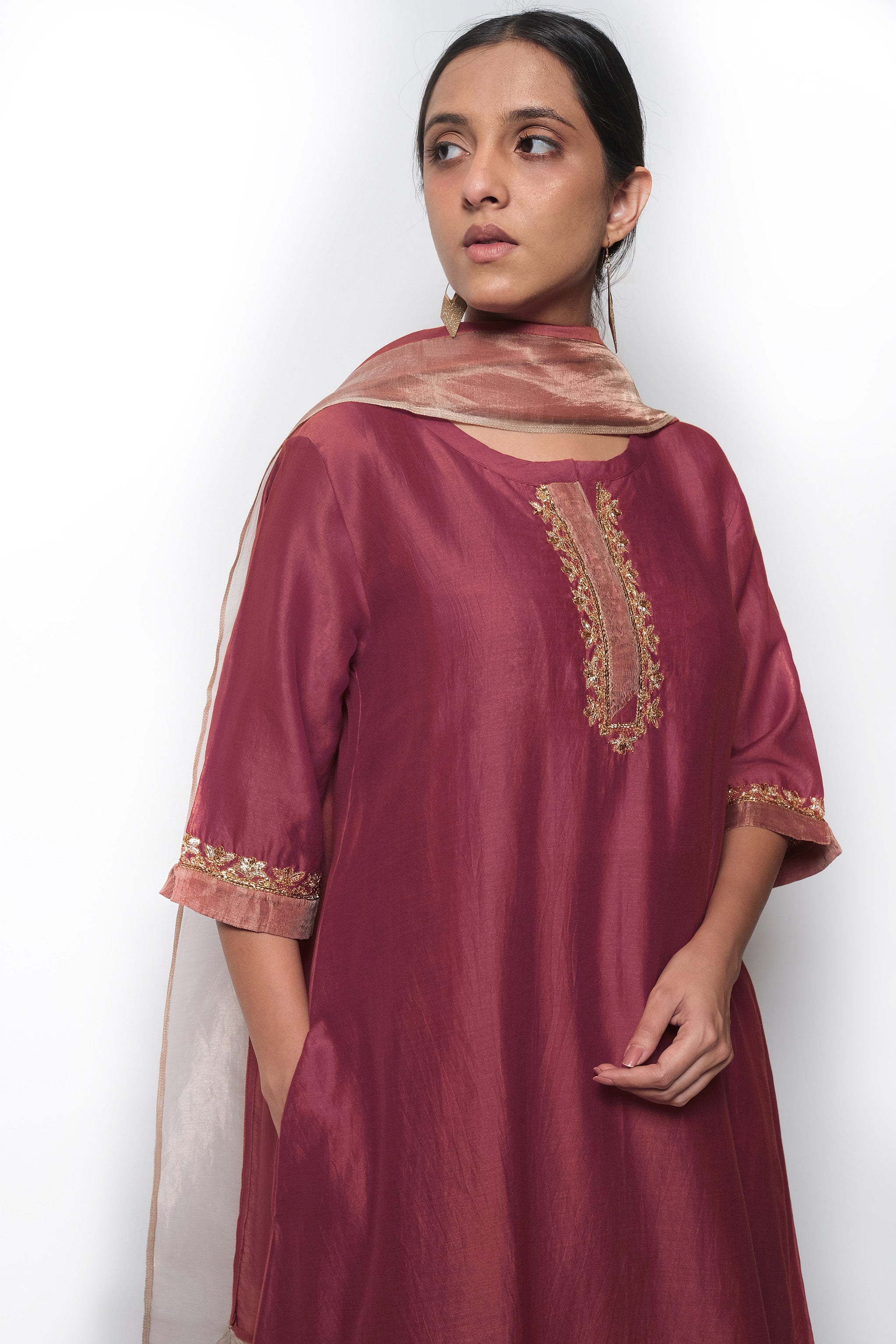 Mauve Chanderi Silk - A-line Kurta Set