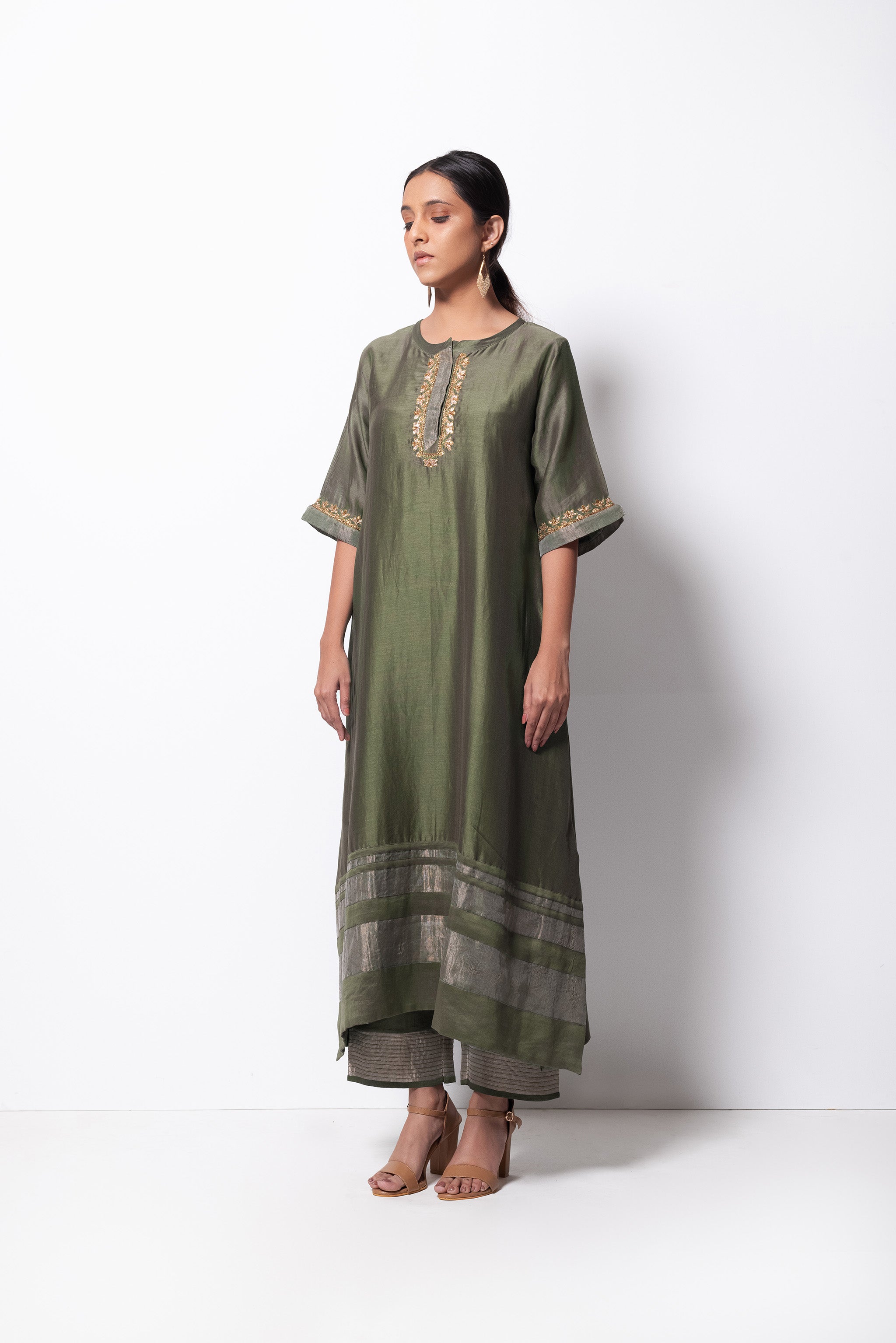 Olive Chanderi Silk - A-line Kurta Set