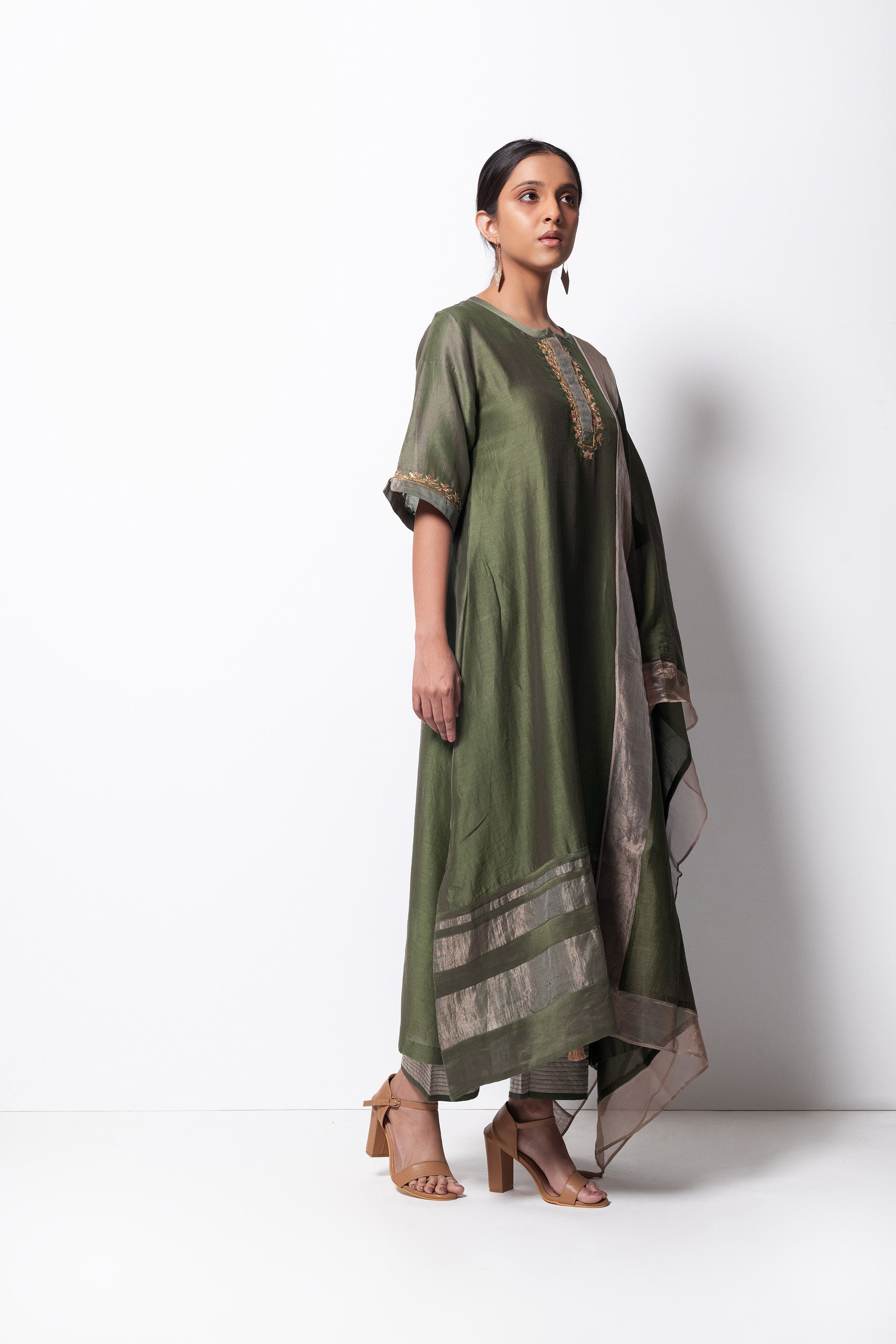 Olive Chanderi Silk - A-line Kurta Set