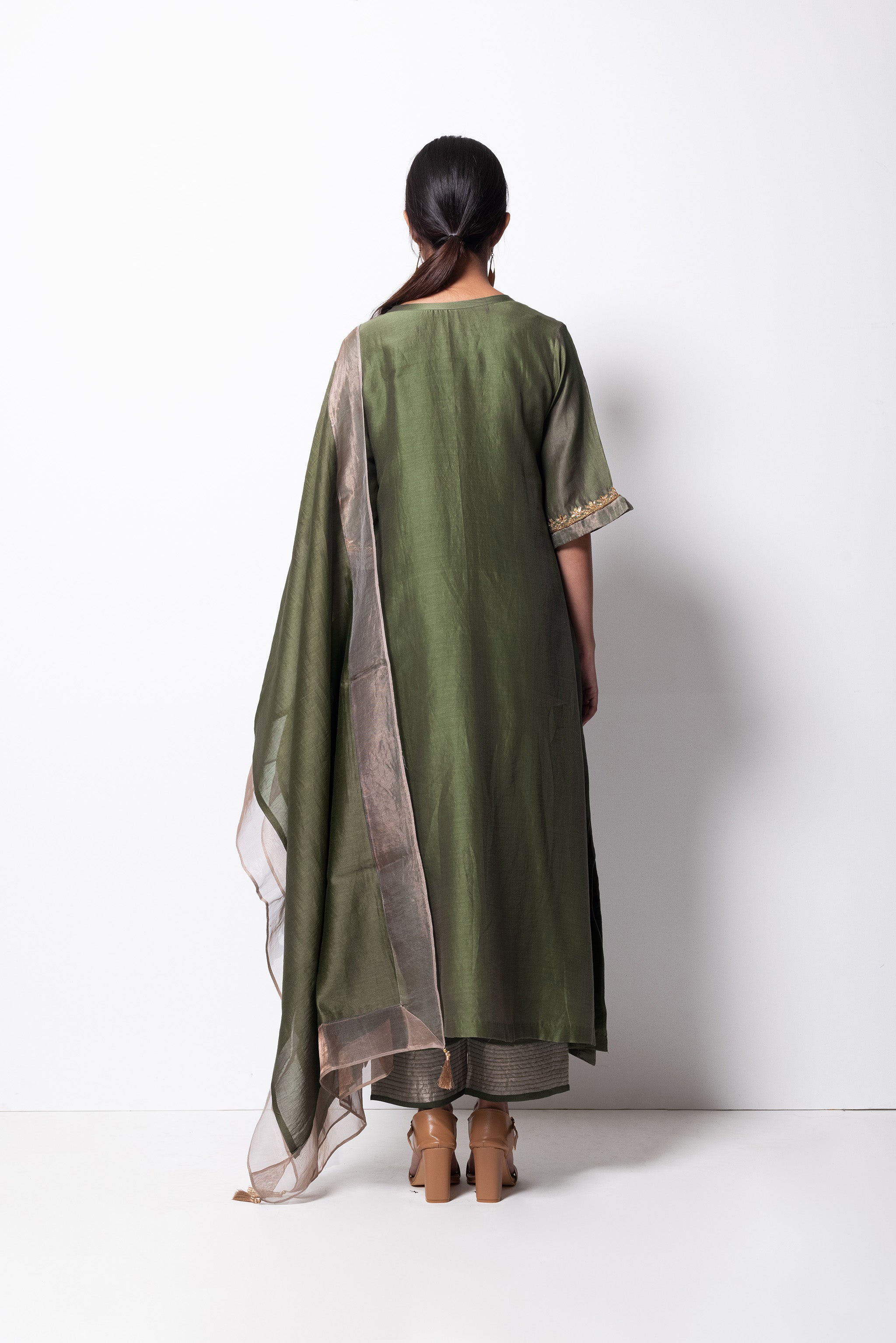 Olive Chanderi Silk - A-line Kurta Set