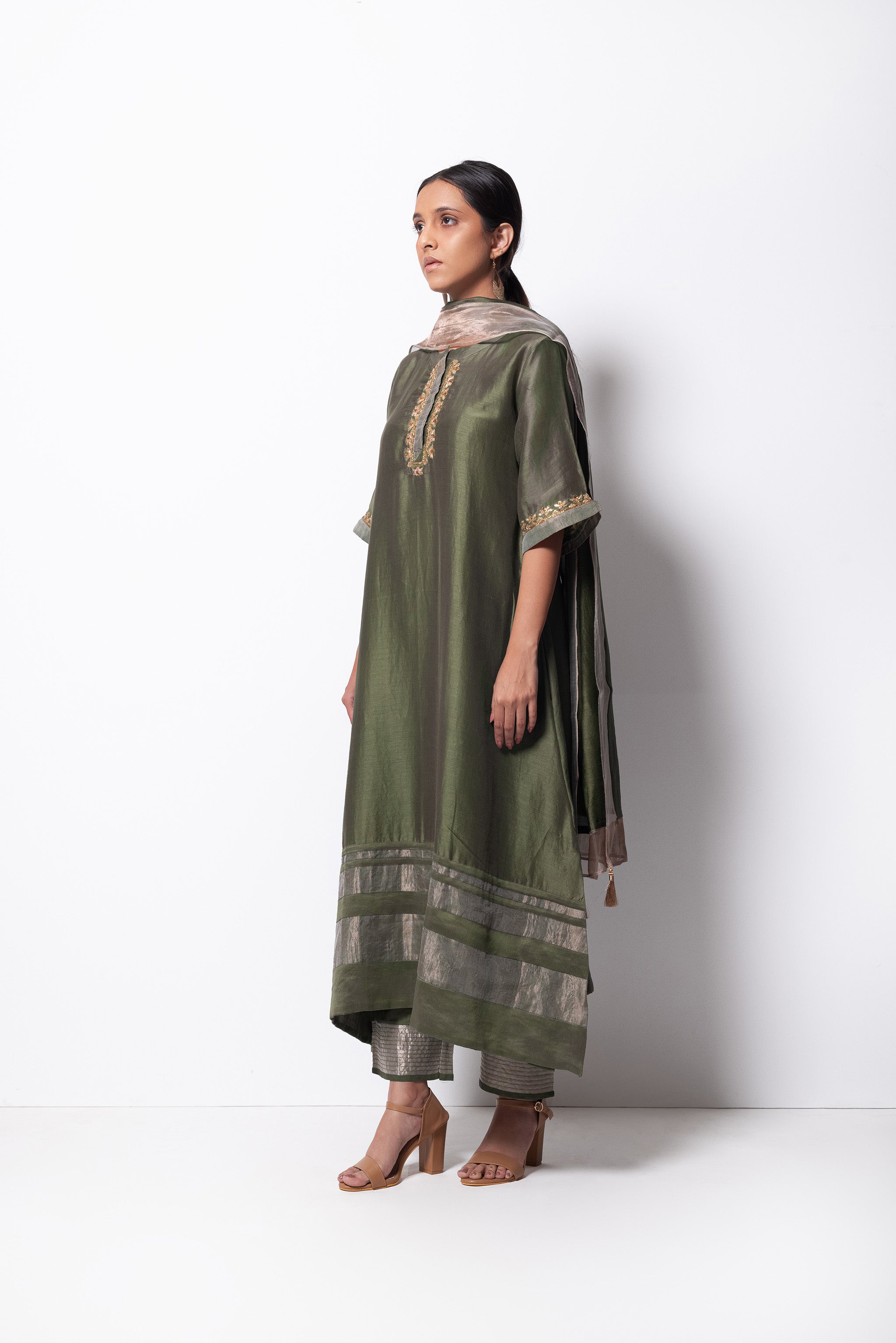 Olive Chanderi Silk - A-line Kurta Set