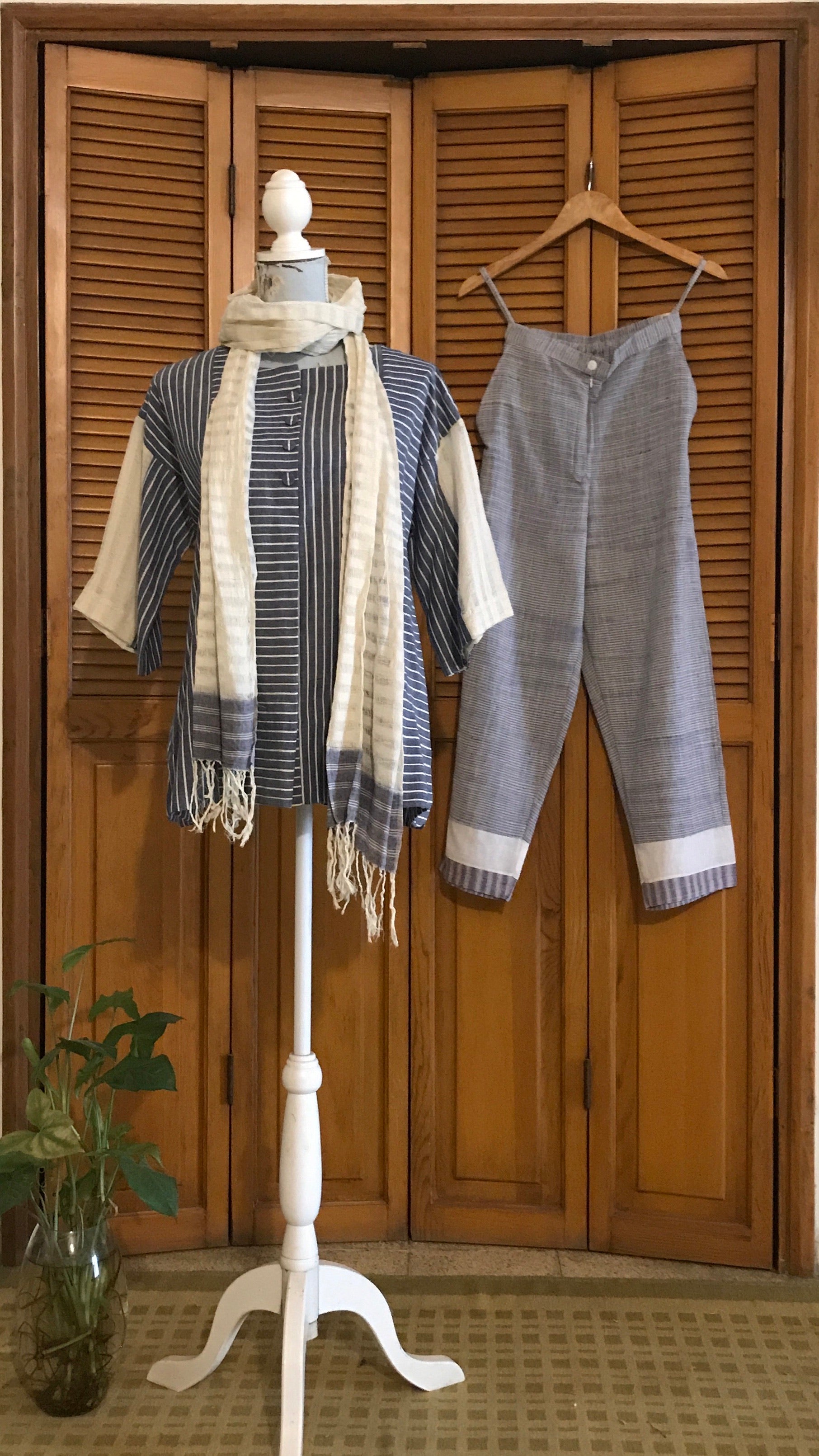 Cotton Indigo Stripes Kimono Top, Handwoven Cotton Indigo Pants and Handwoven off white Stole set