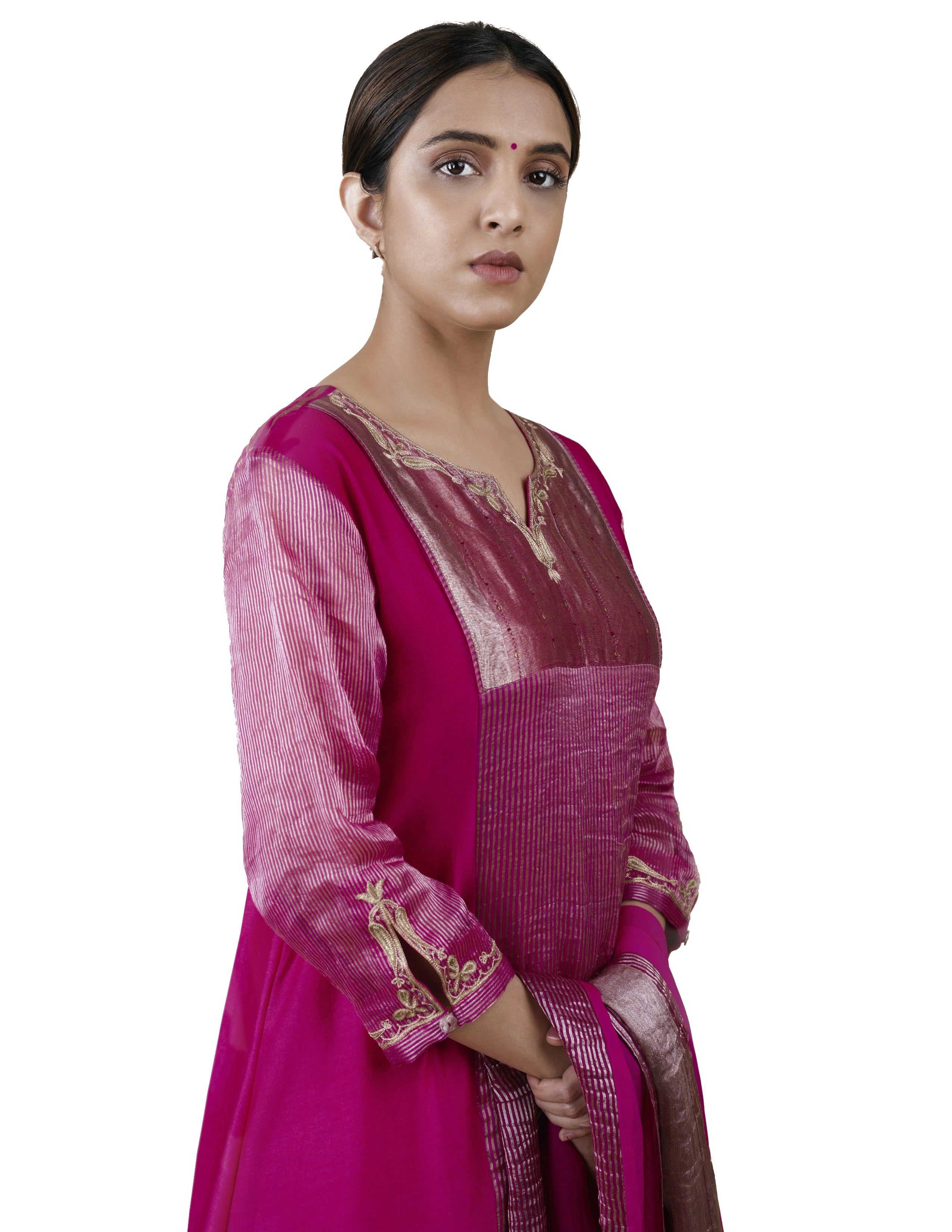 Fuchsia Pink Tissue Stripes/Chanderi Silk - A-line Kurta Set