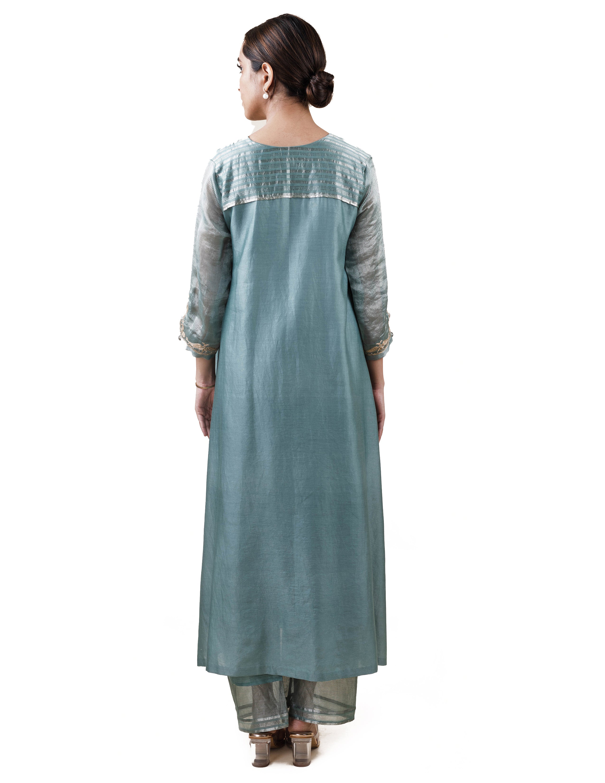 Blue Tissue Stripes/Chanderi Silk - A-line Kurta Set