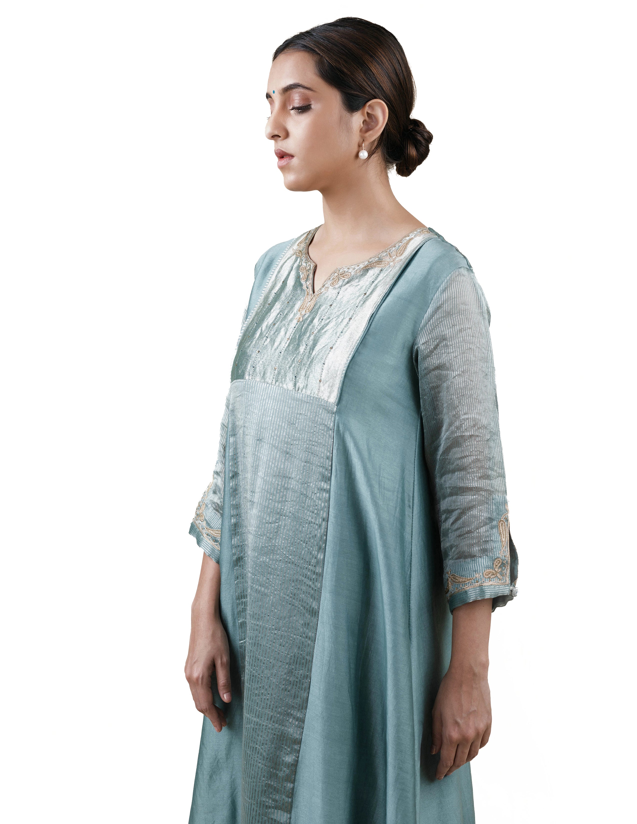 Blue Tissue Stripes/Chanderi Silk - A-line Kurta Set