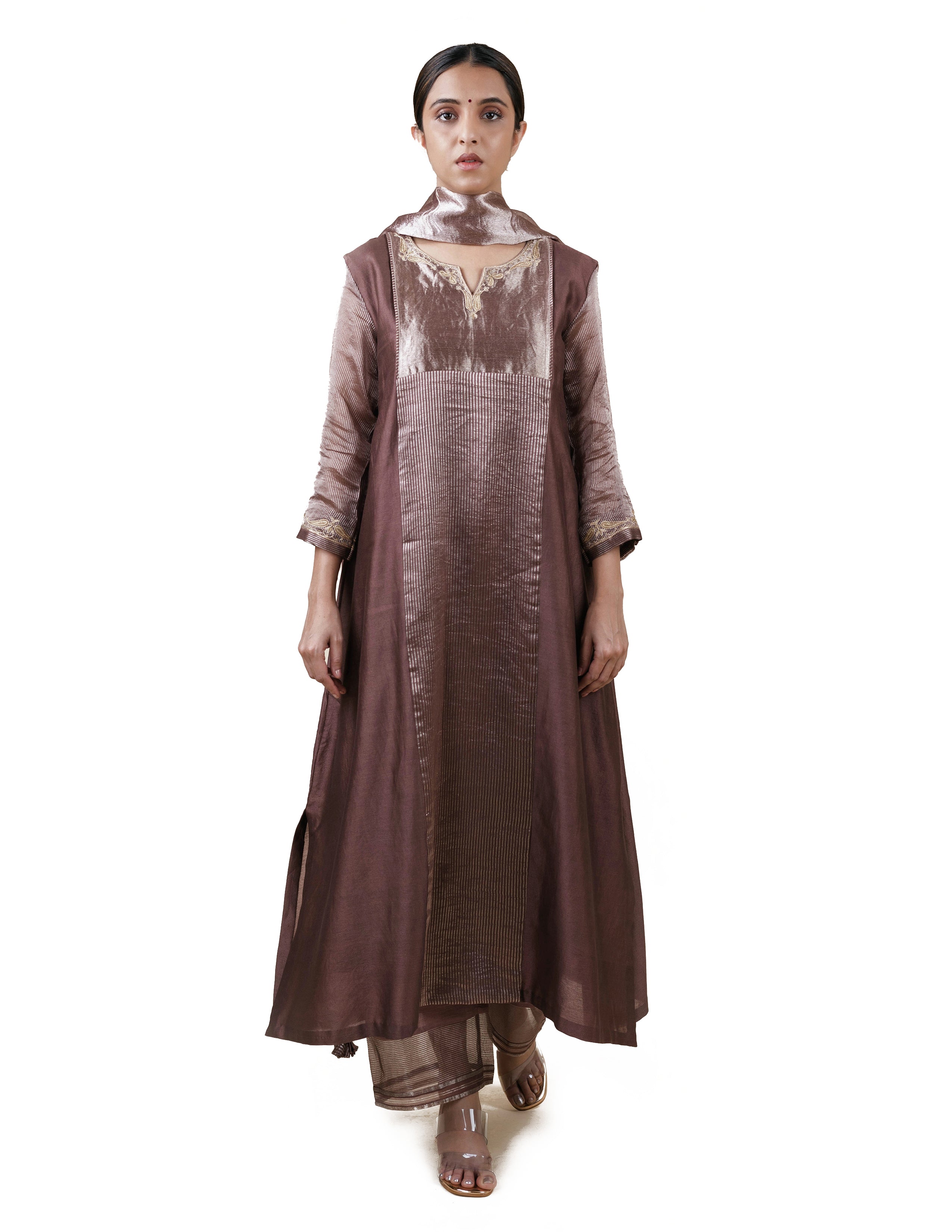 Brown Tissue Stripes/Chanderi Silk - A-line Kurta Set