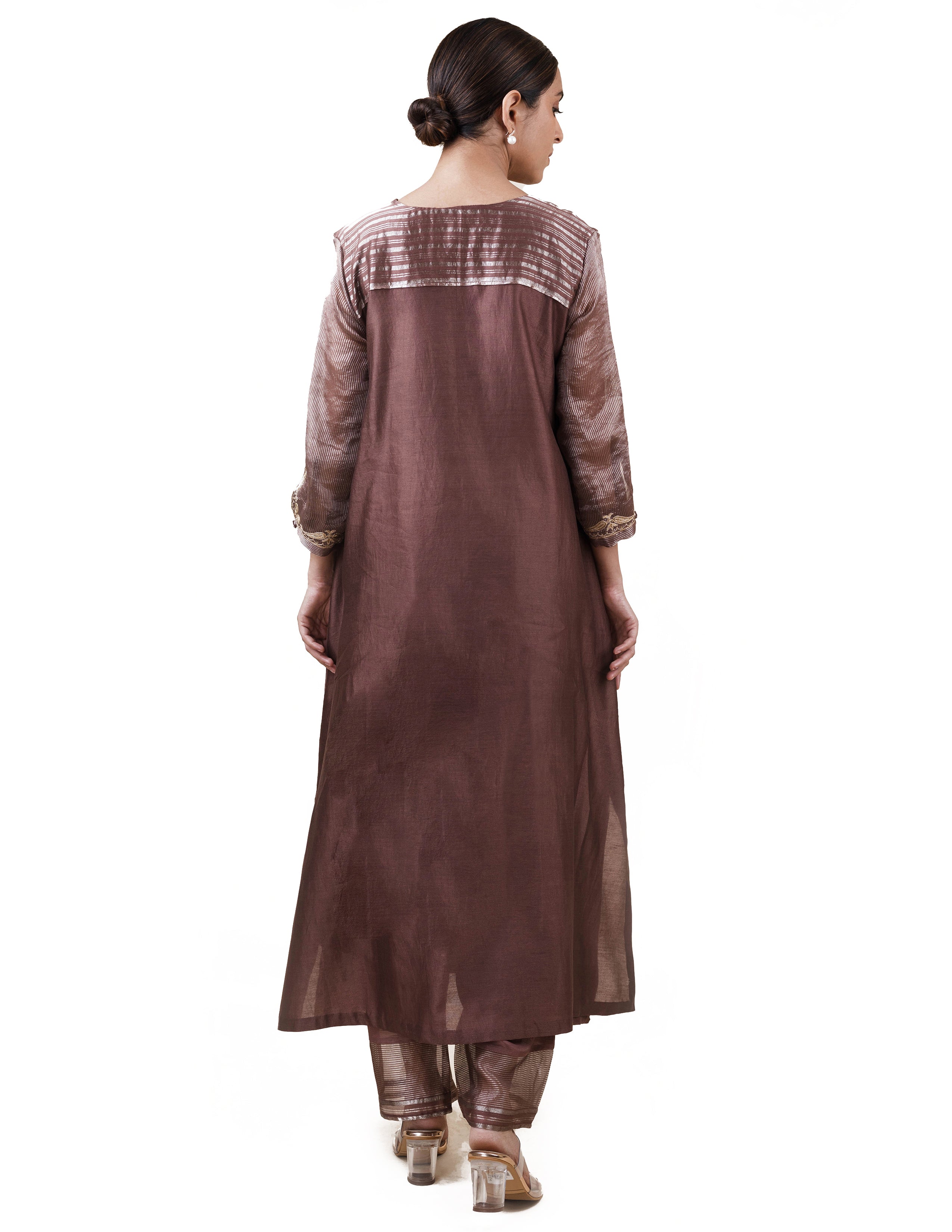 Brown Tissue Stripes/Chanderi Silk - A-line Kurta Set