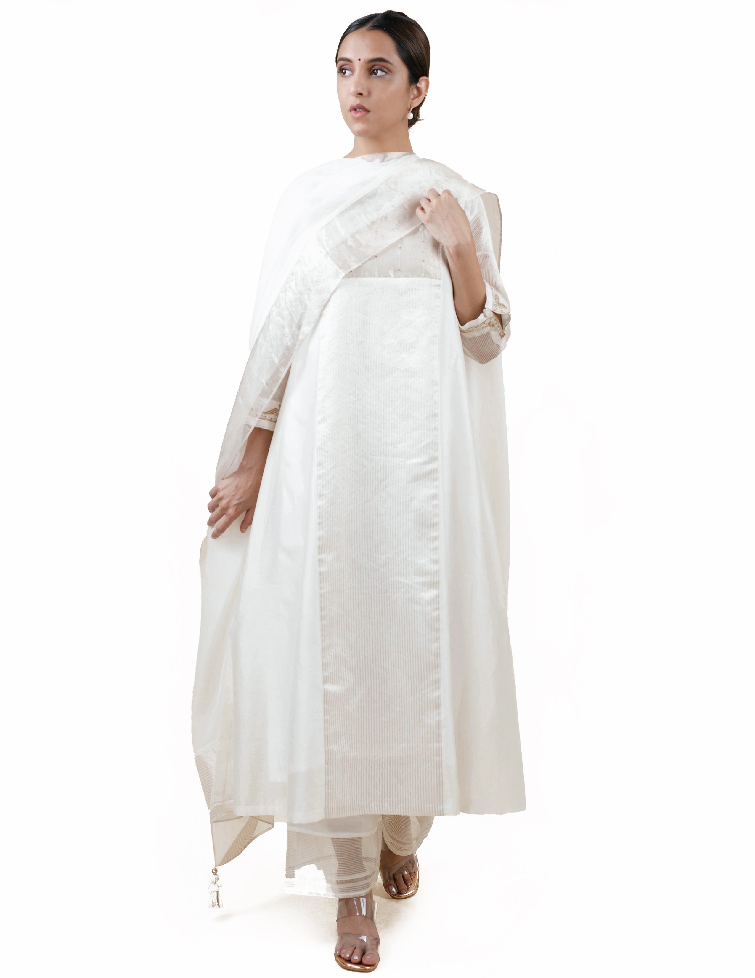 Off White Tissue Stripes/Chanderi Silk - A-line Kurta Set