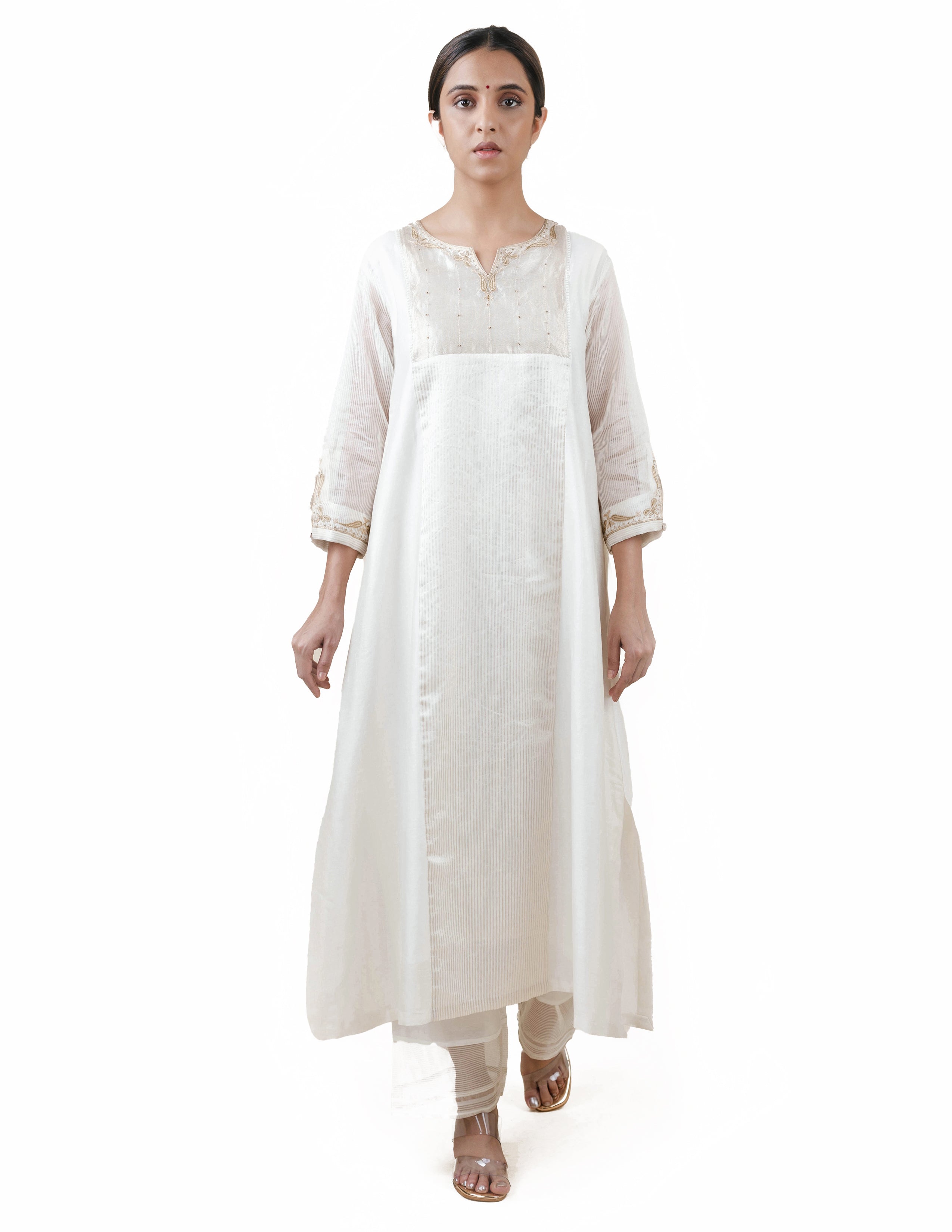 Off White Tissue Stripes/Chanderi Silk - A-line Kurta Set