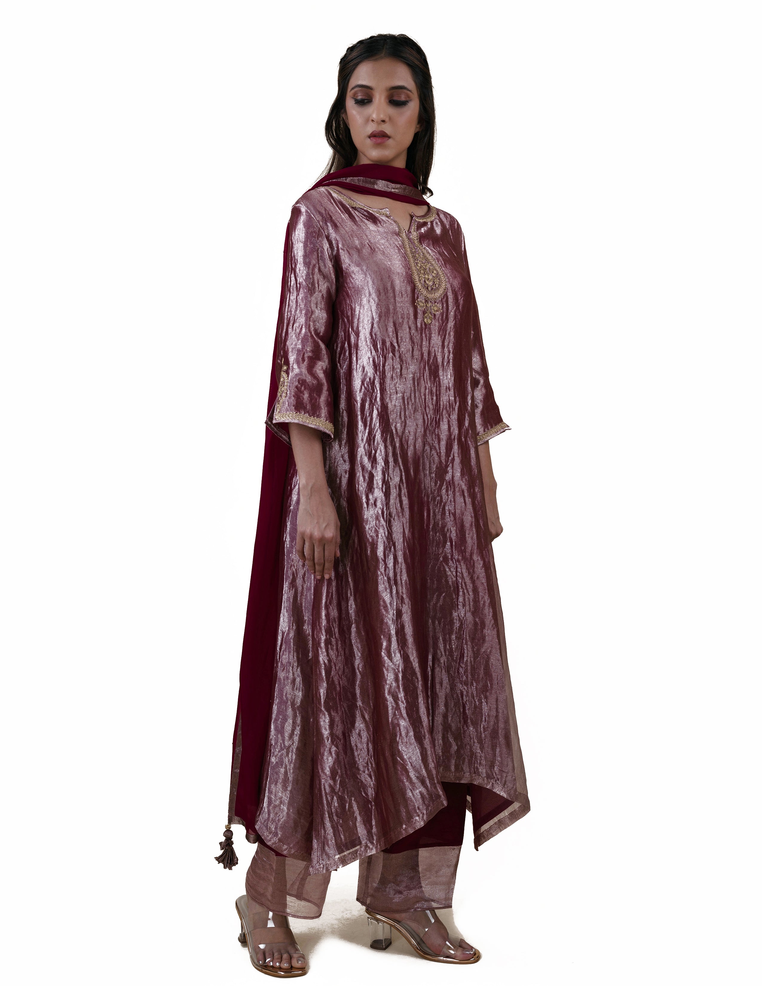 Mauve Tissue  - A-line Kurta Set