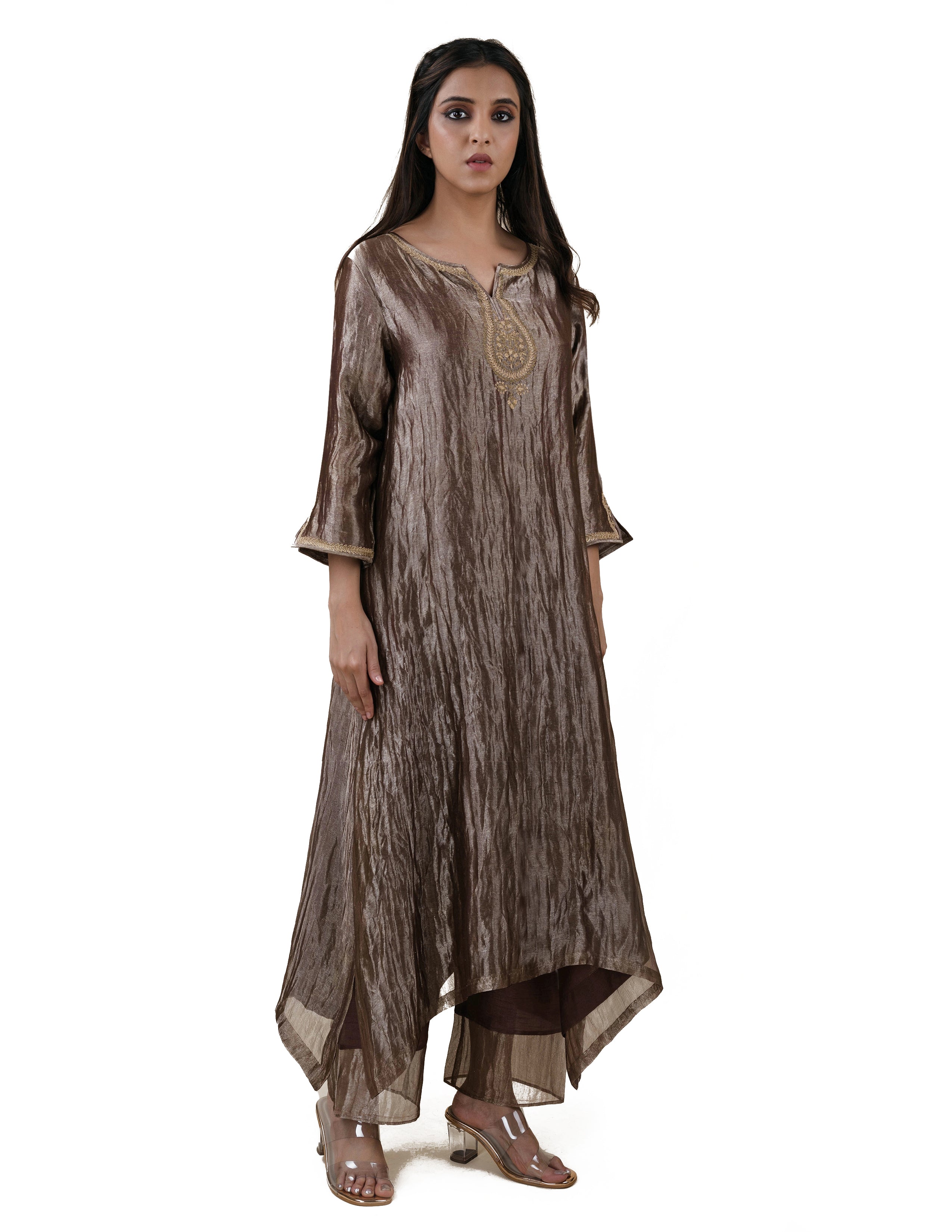 Chocolate Brown Tissue  - A-line Kurta Set