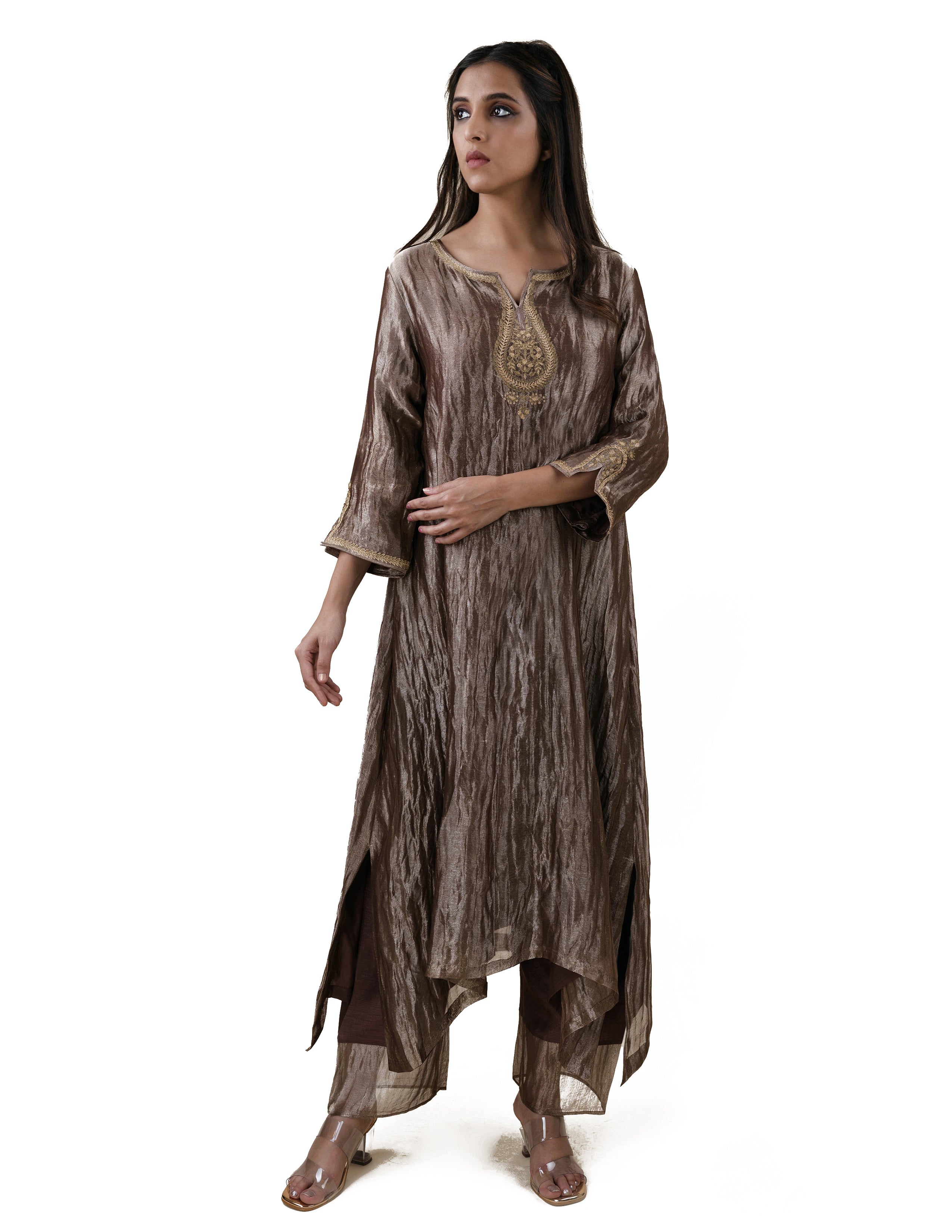 Chocolate Brown Tissue  - A-line Kurta Set