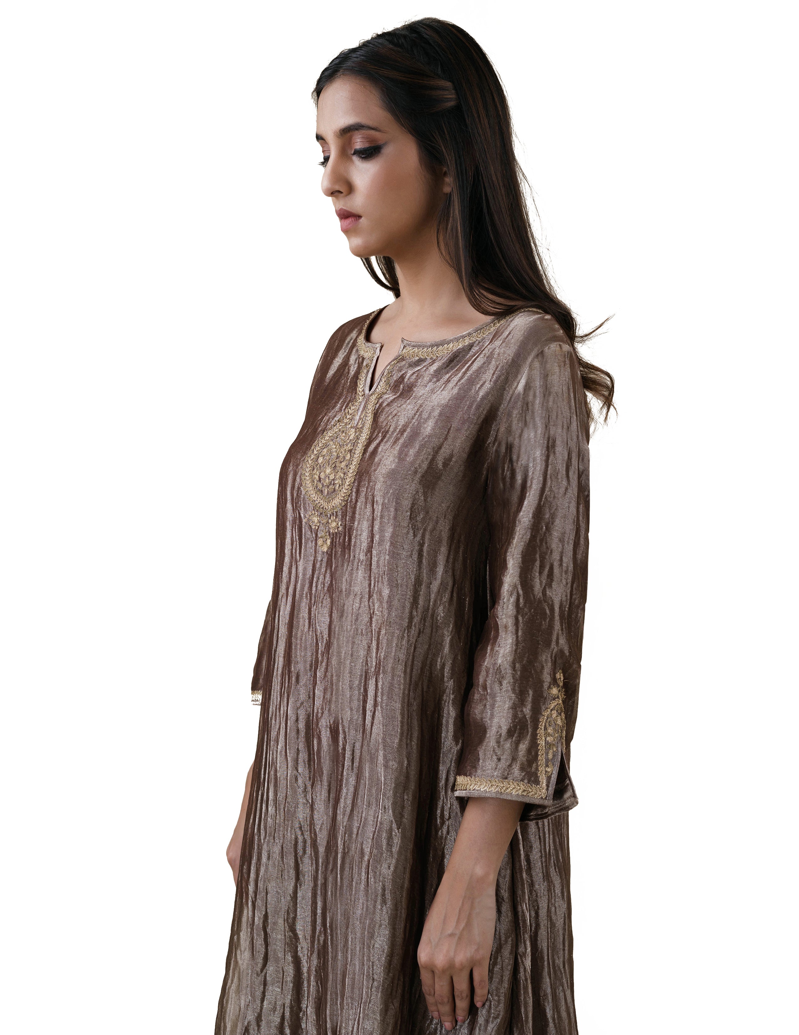 Chocolate Brown Tissue  - A-line Kurta Set