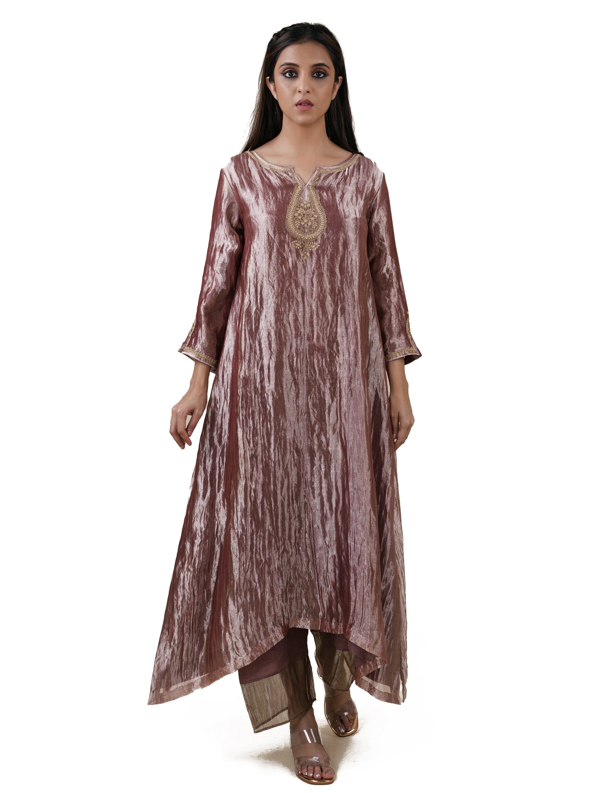 Light Brown Tissue  - A-line Kurta Set