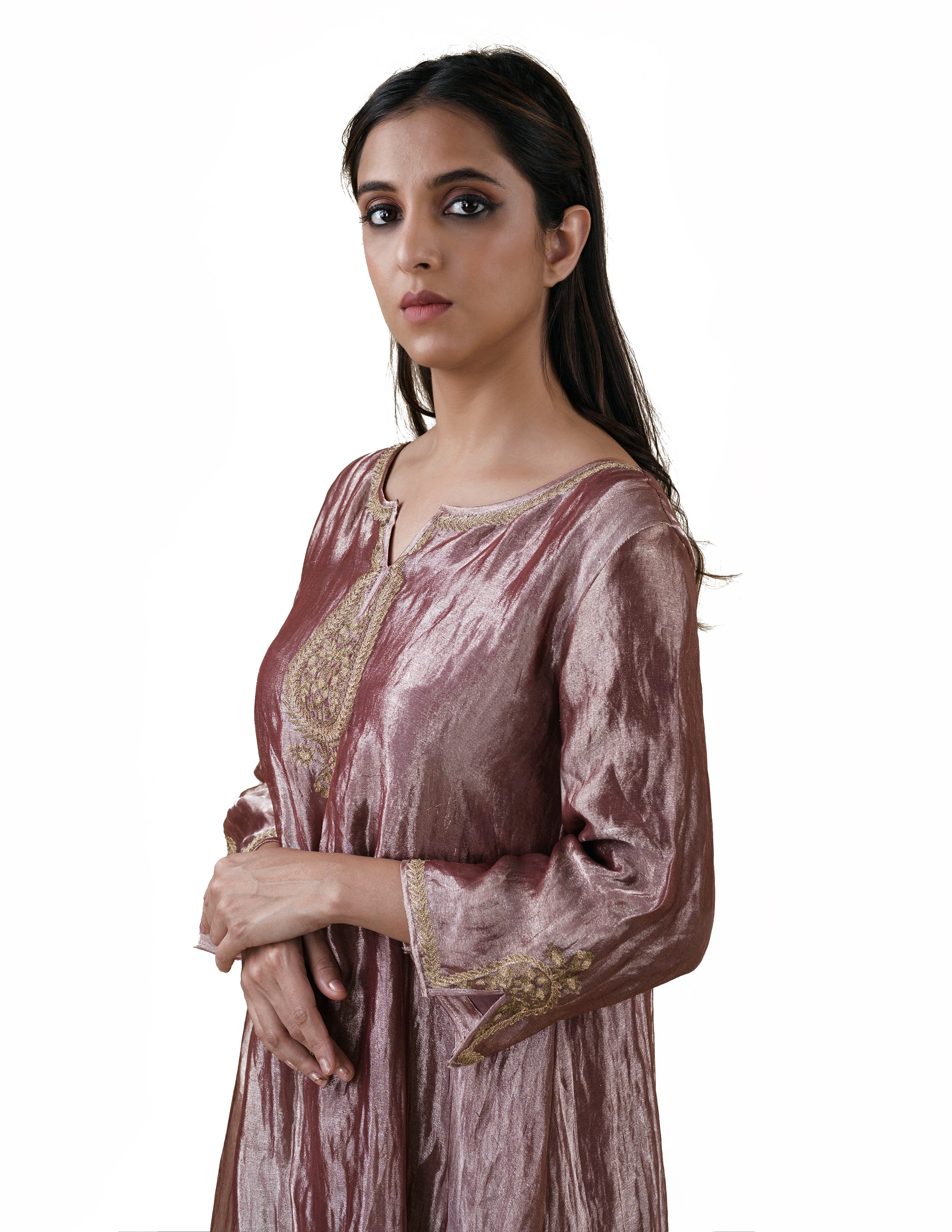 Light Brown Tissue  - A-line Kurta Set