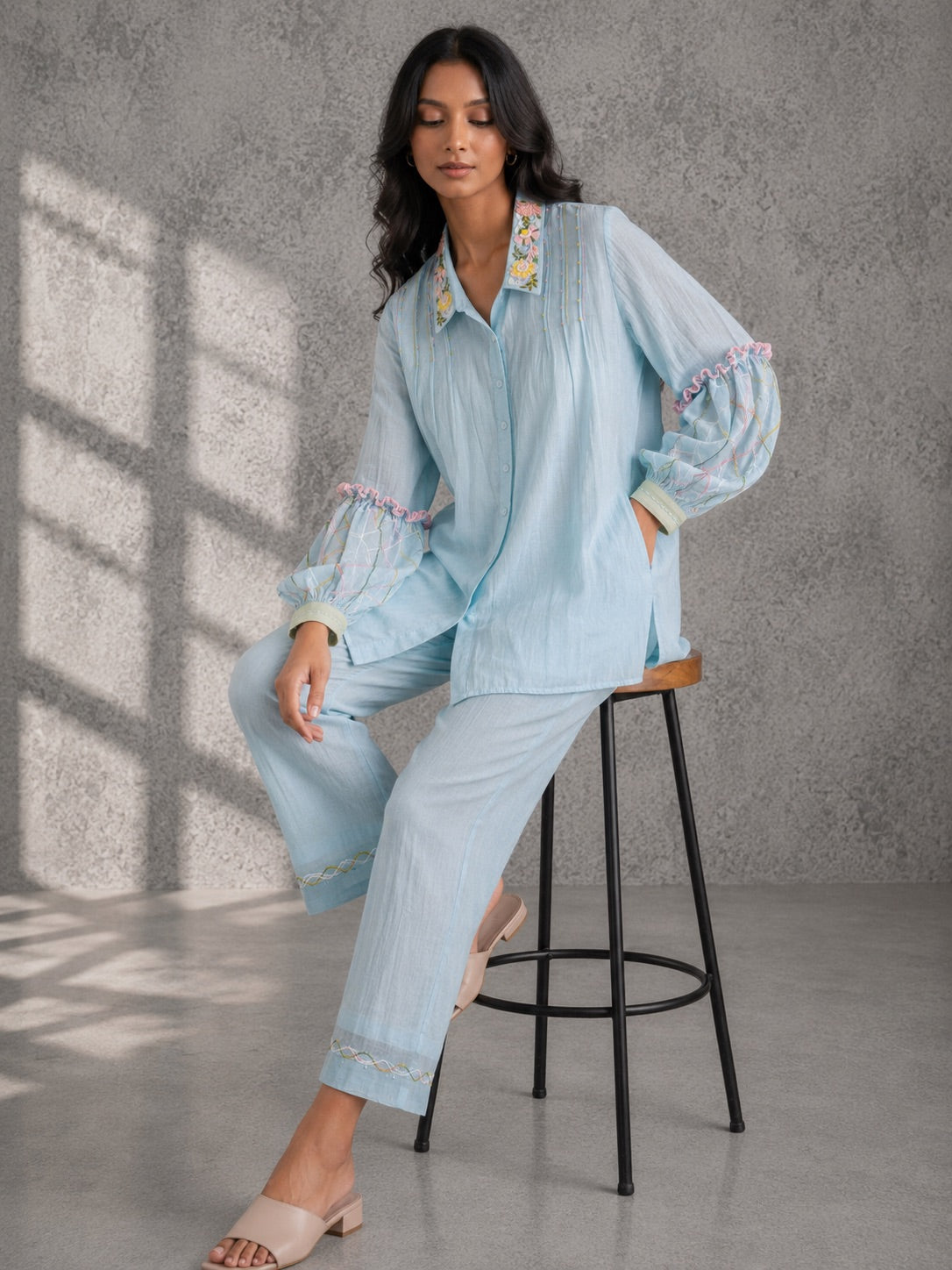 Ice Blue Embroidered Shirt & Pants Set
