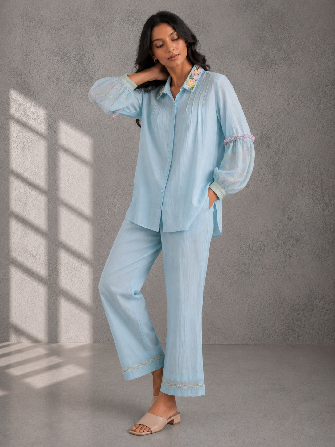 Ice Blue Embroidered Shirt & Pants Set
