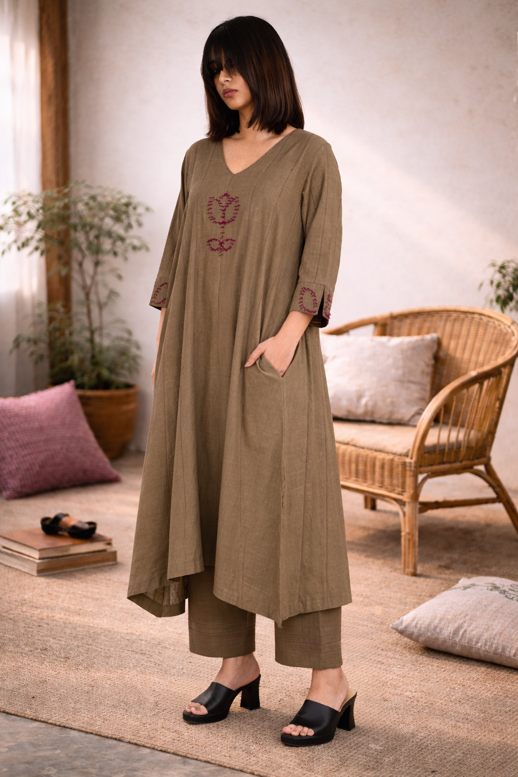 Olive Khakhi Kurta Set
