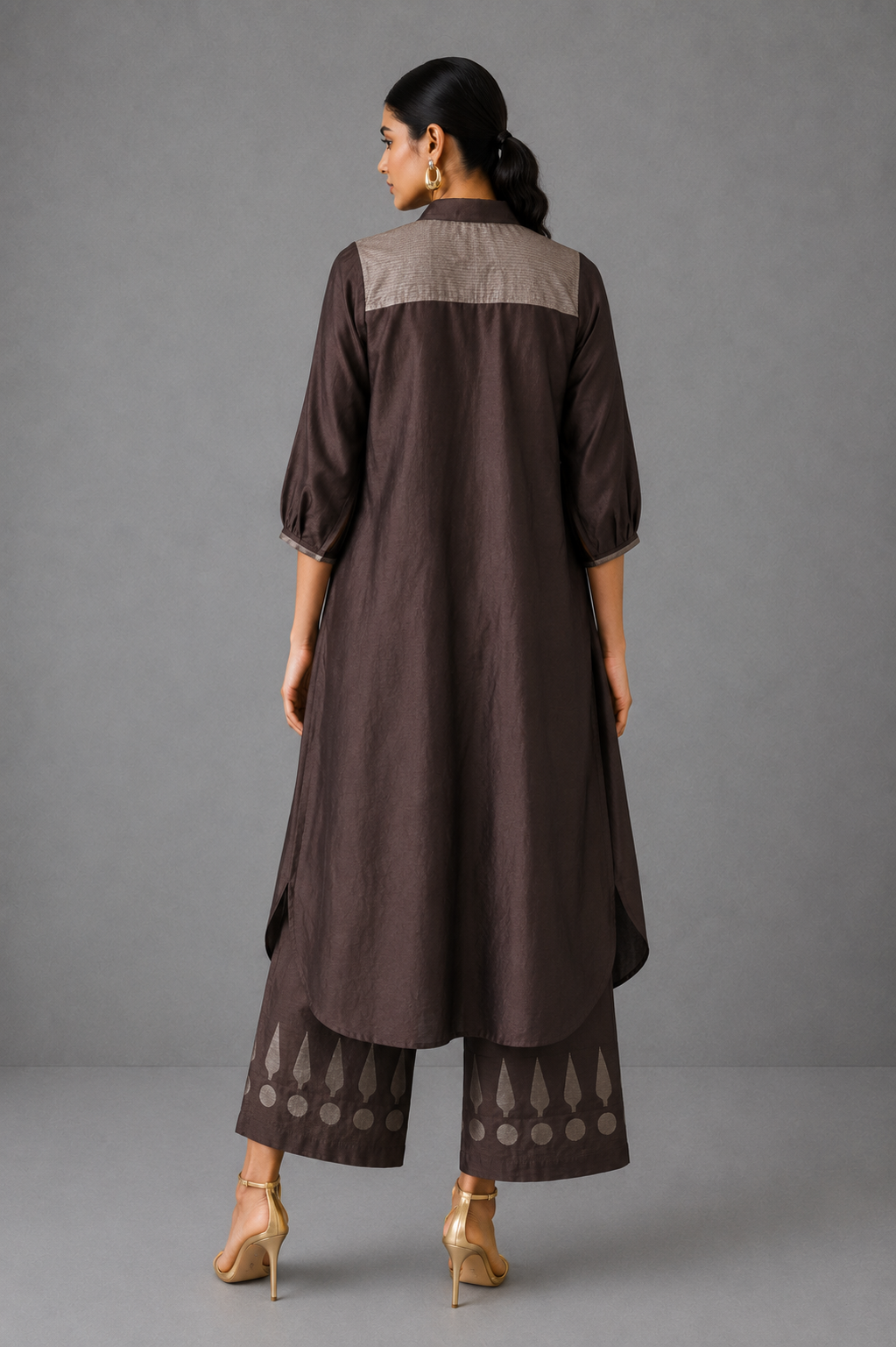 Collared Long Shirt / Shirt Dress & Pants - Brown