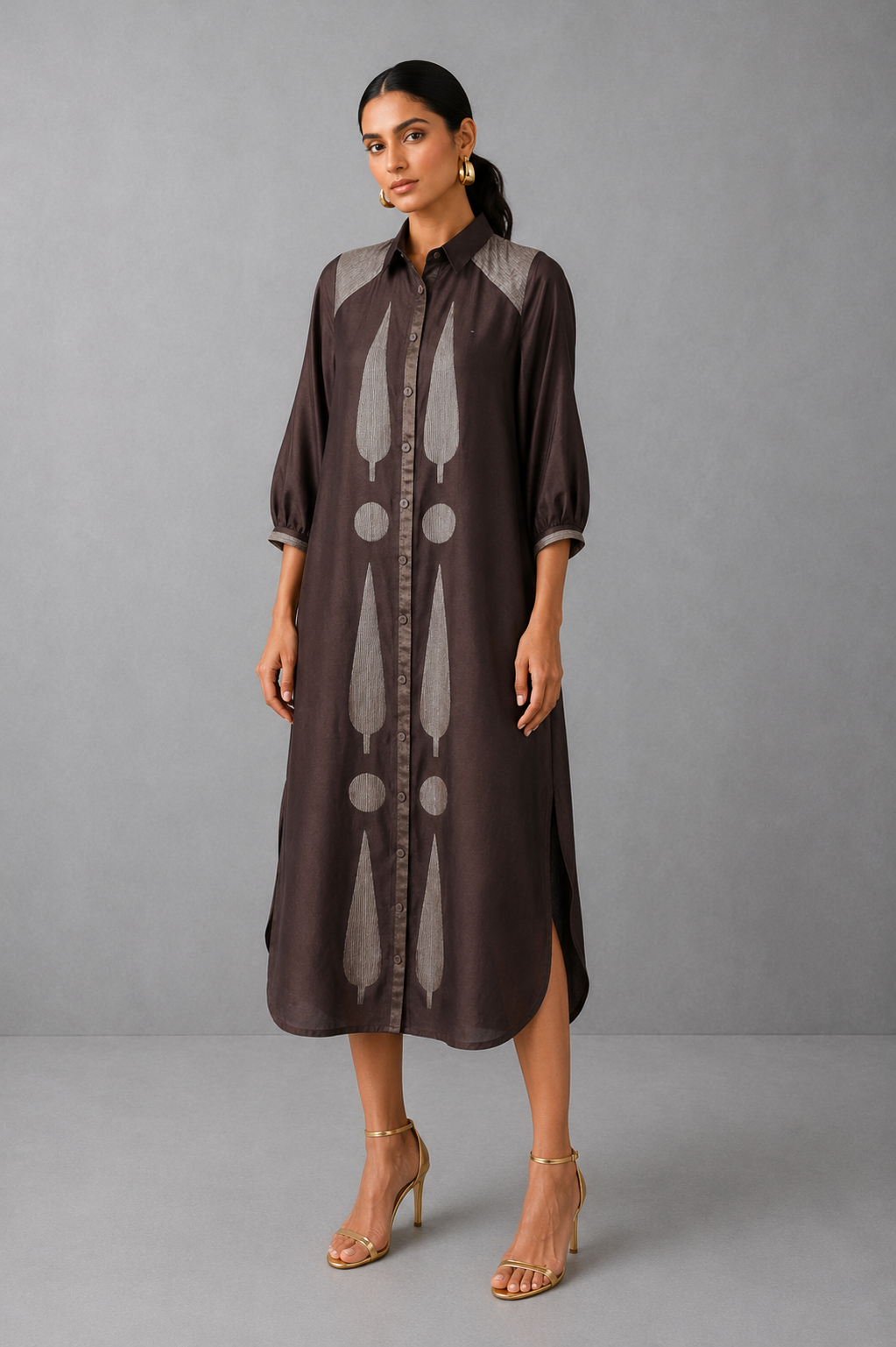 Collared Long Shirt / Shirt Dress - Brown
