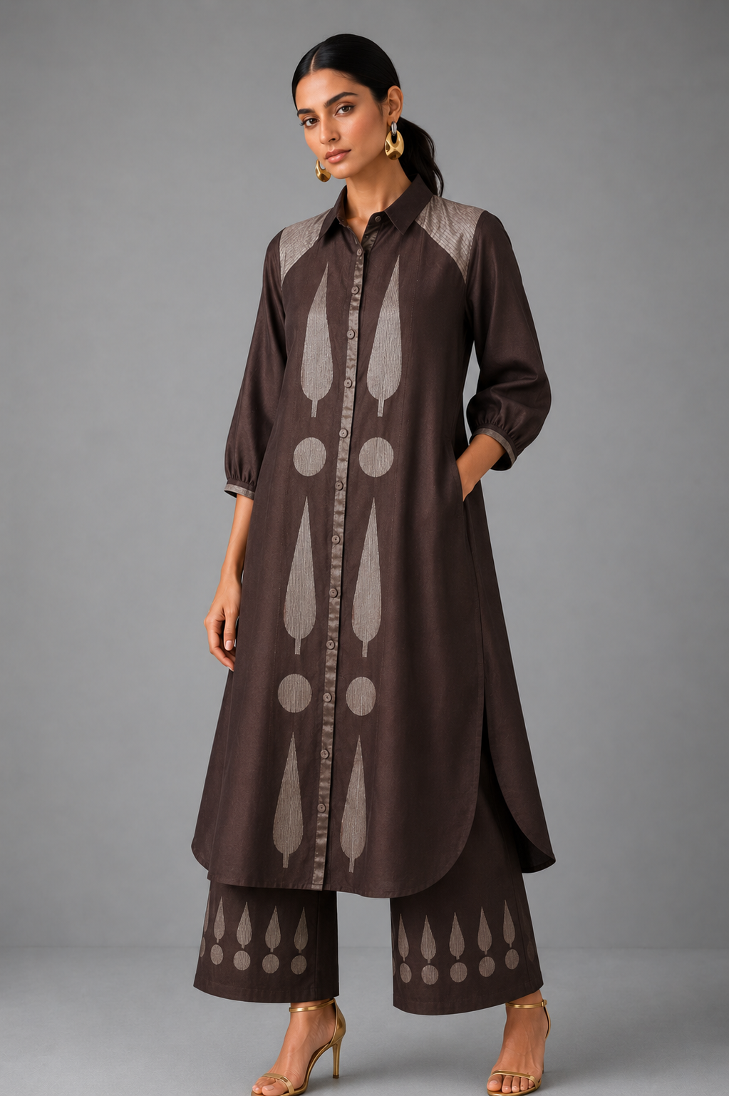 Collared Long Shirt / Shirt Dress & Pants - Brown