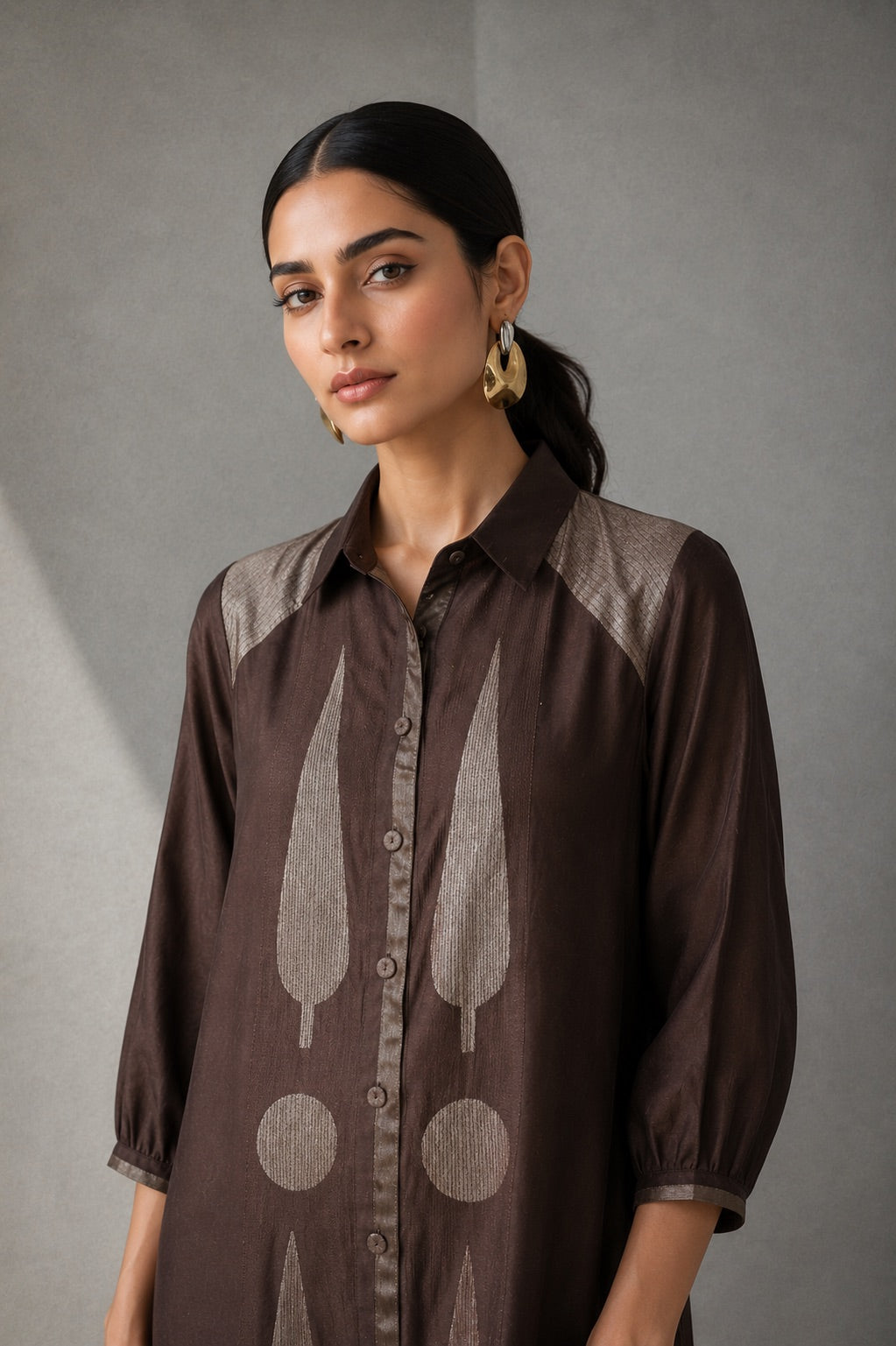 Collared Long Shirt / Shirt Dress & Pants - Brown