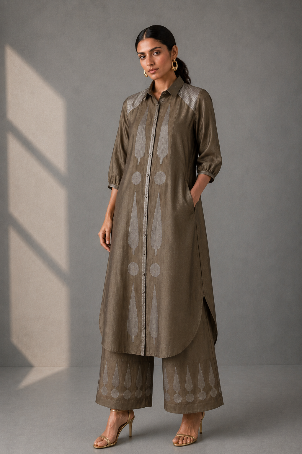 Collared Long Shirt / Shirt Dress & Pants - Ekru