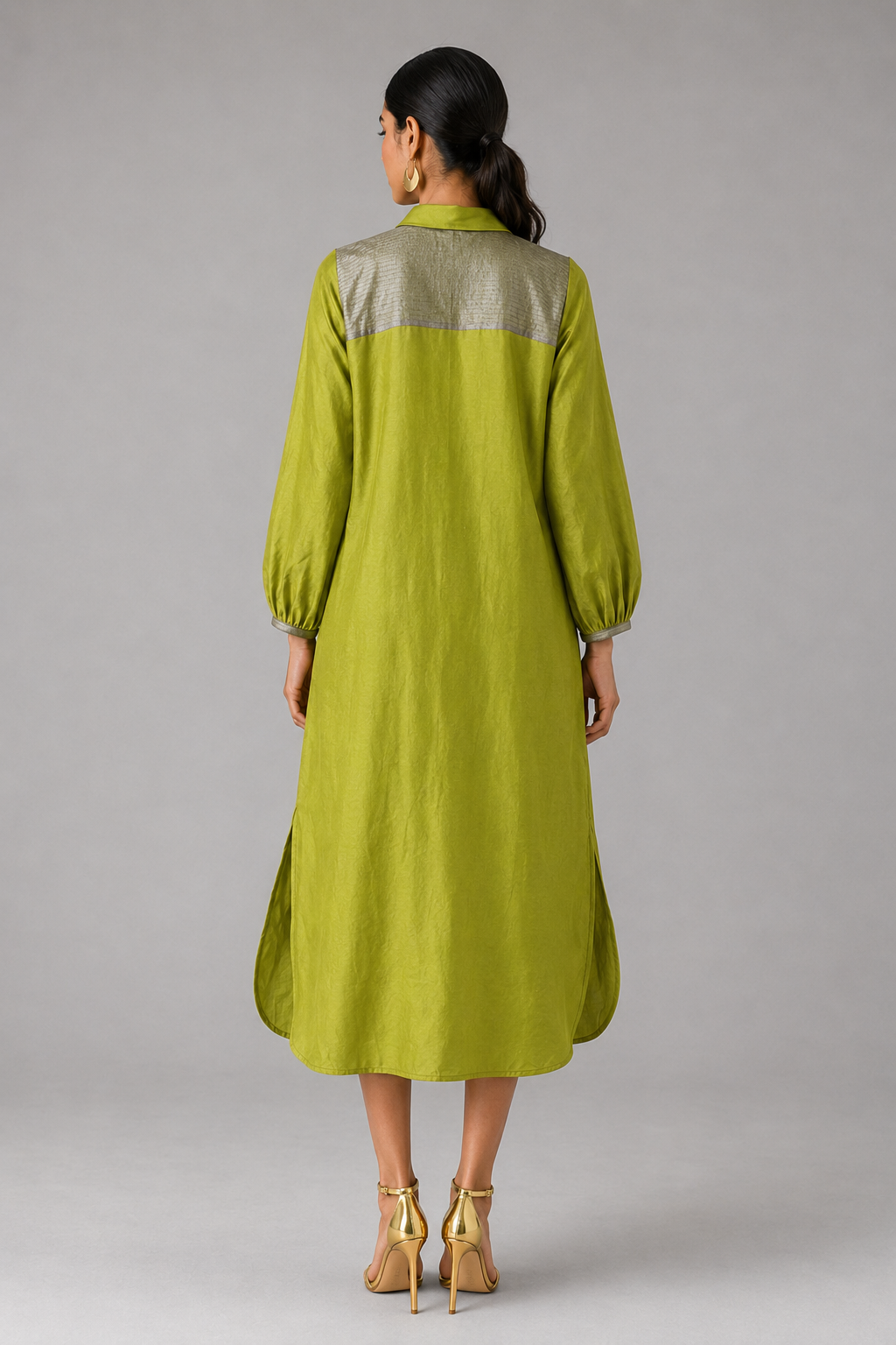 Collared Long Shirt / Shirt Dress - Green